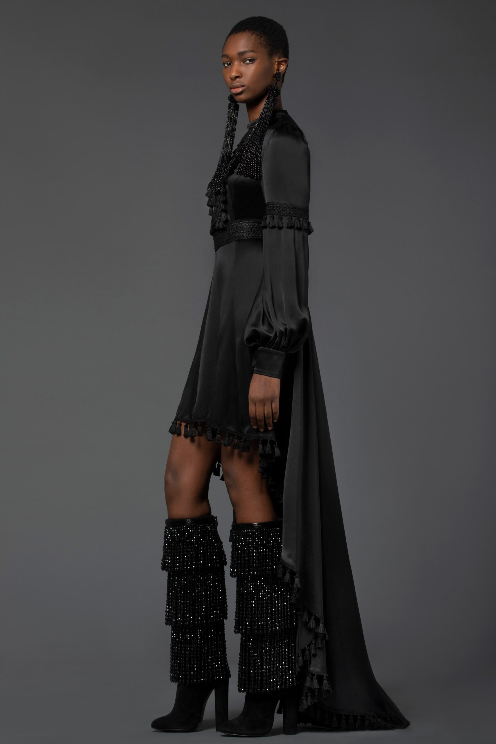 black silk long-sleeve dress