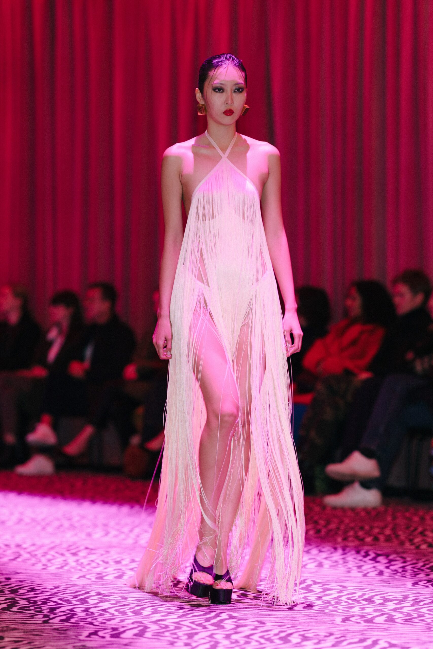 white silk sleeveless fringed dress