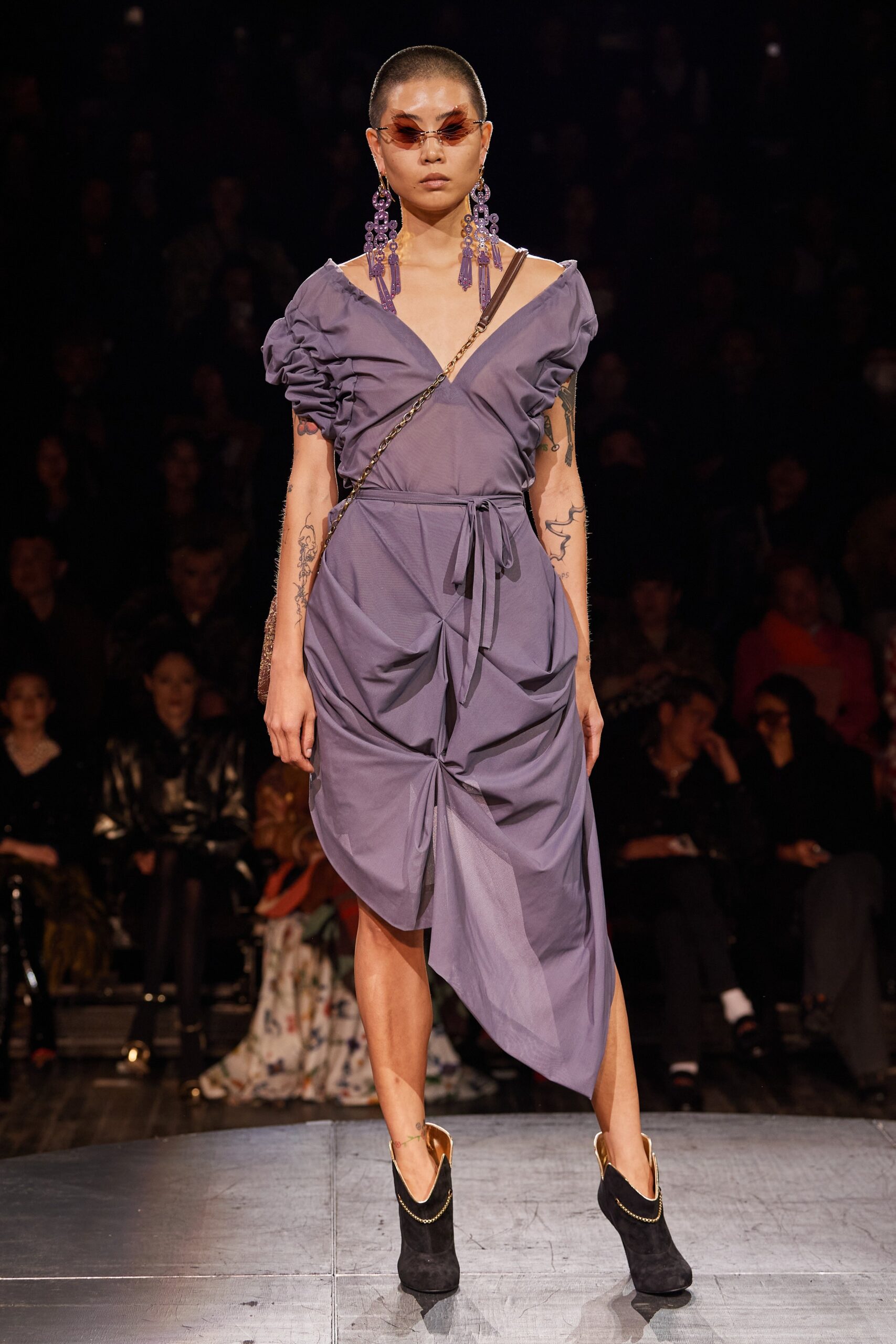 purple draped midi dress