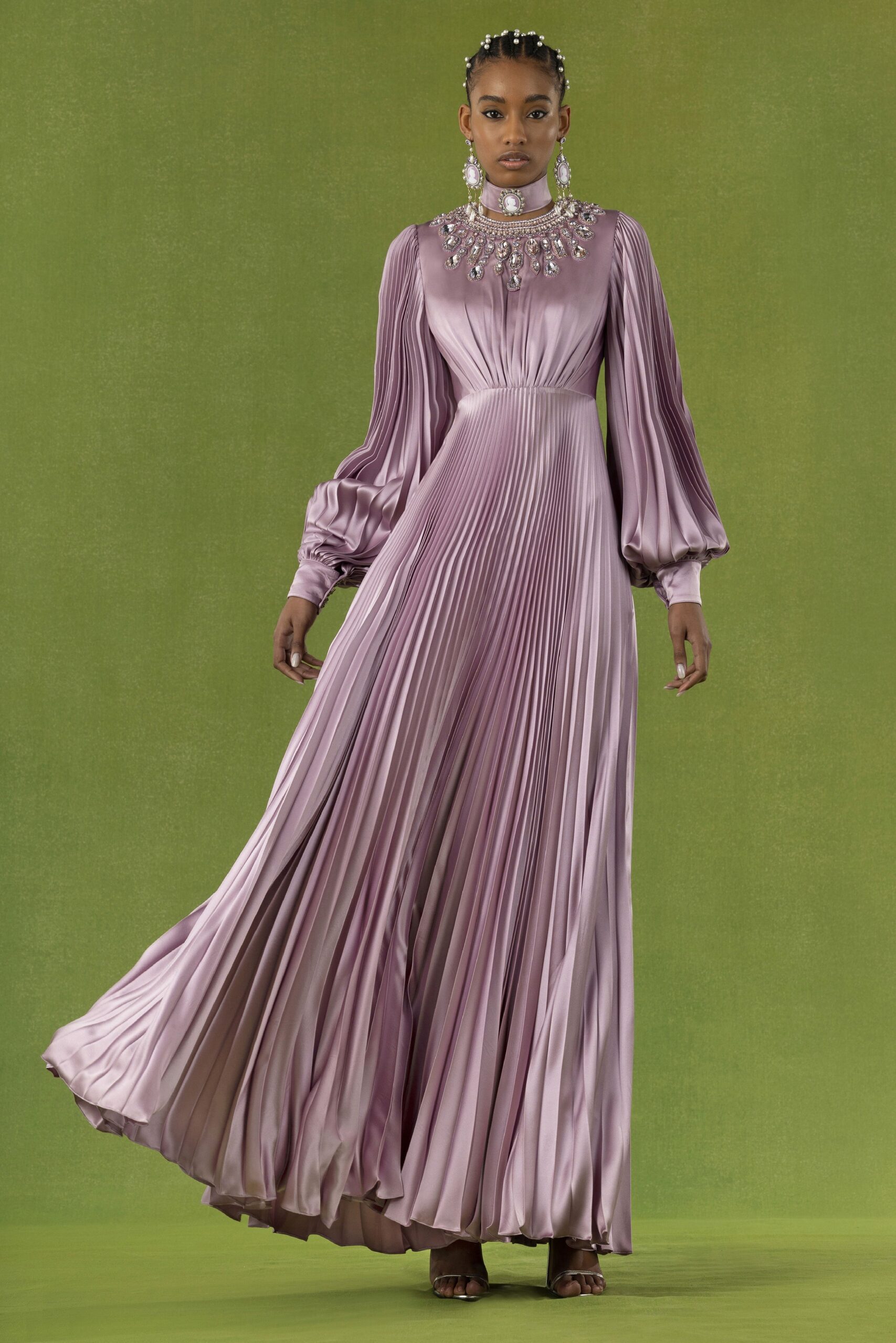 purple silk pleated gown