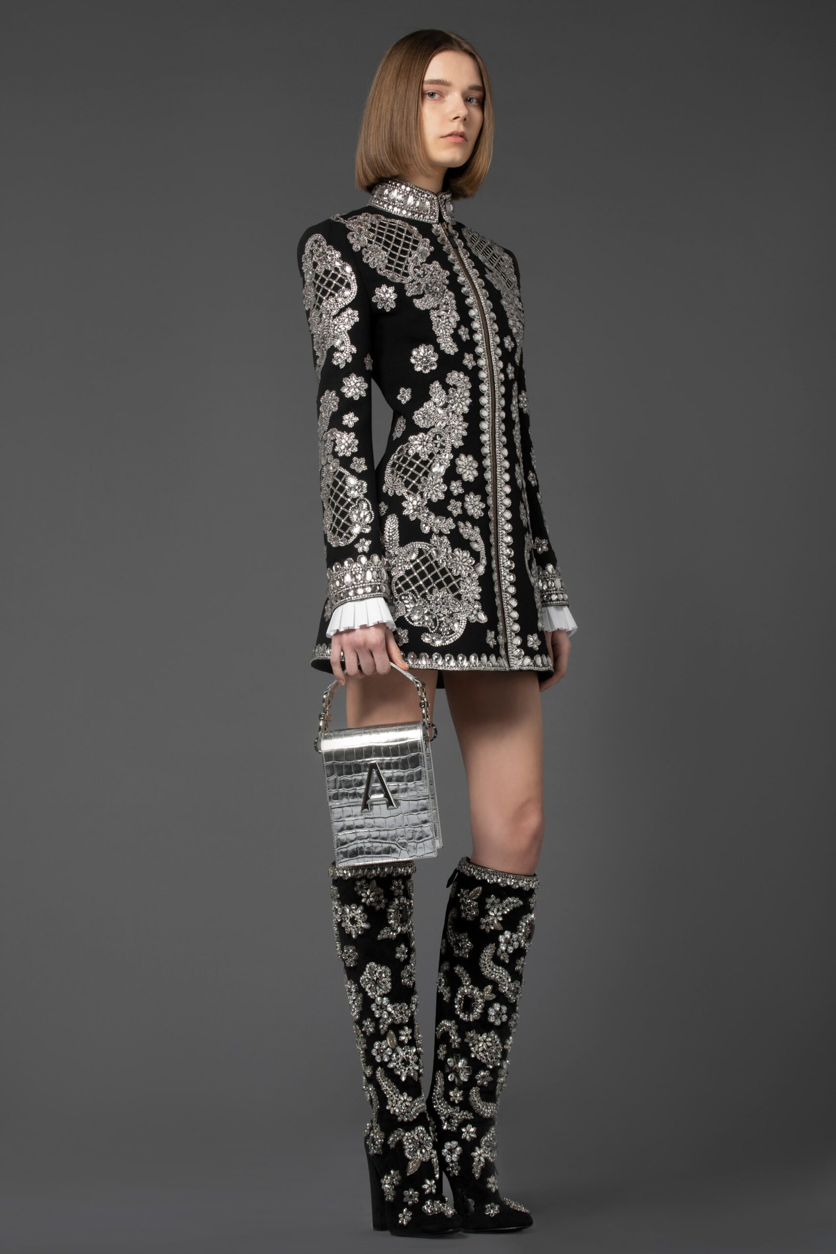 black velvet embroidered mini-dress