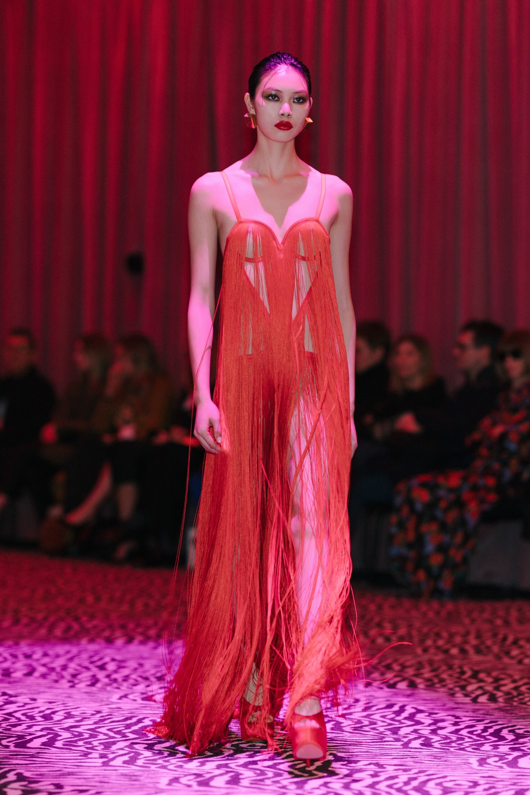 fitted red silk fringed dress