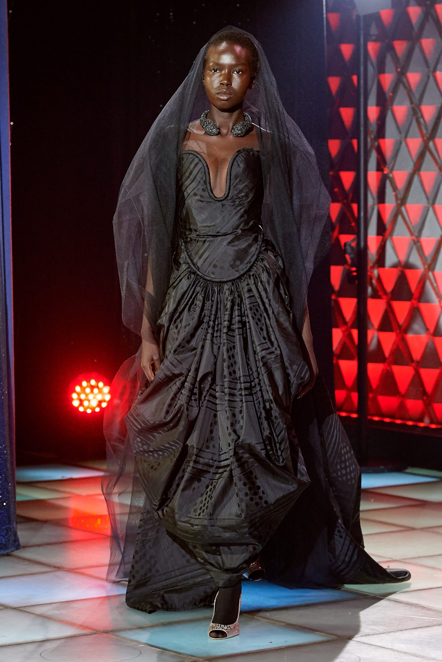 black silk fitted gown with veil