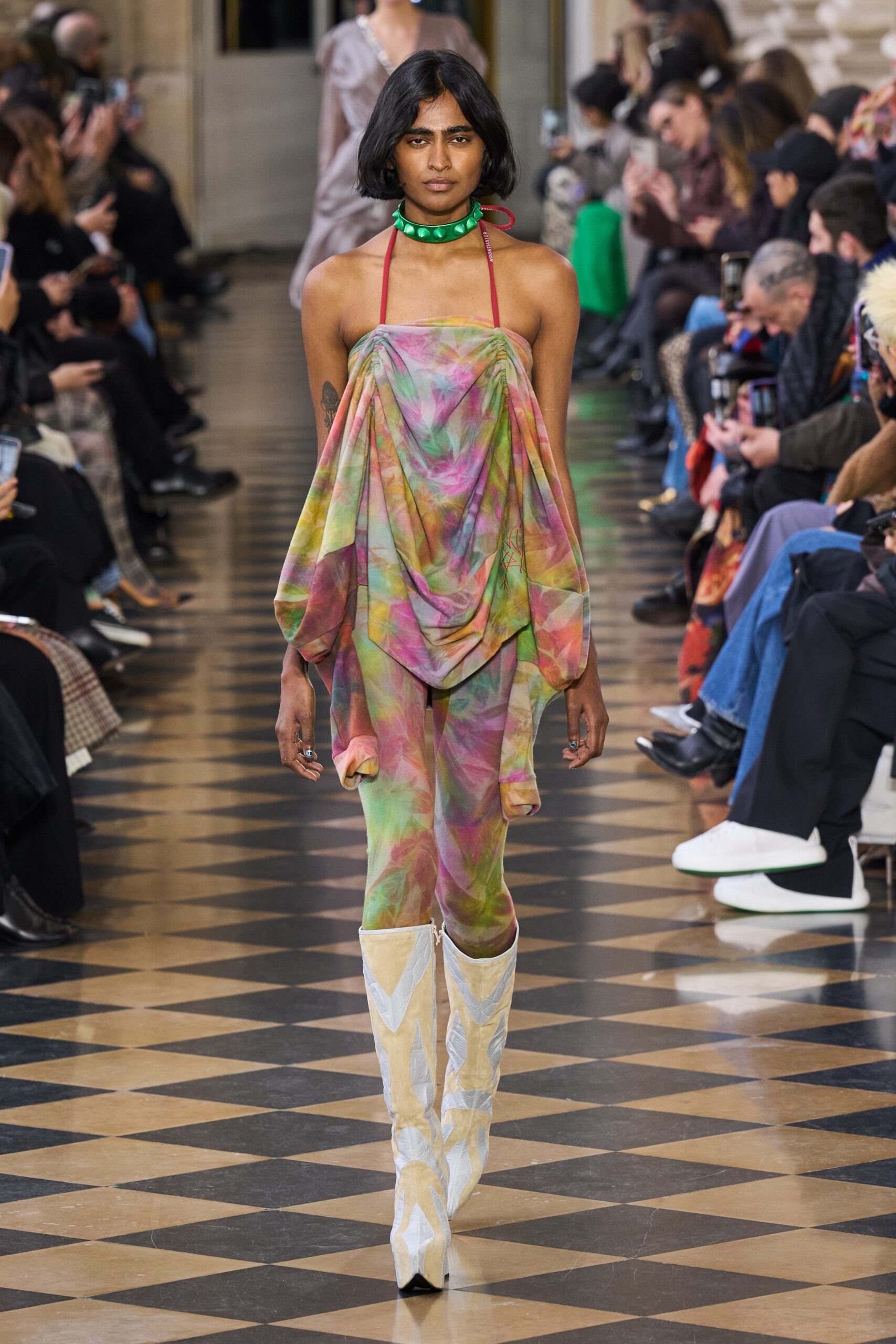 multi-colored silk dress and fitted pants