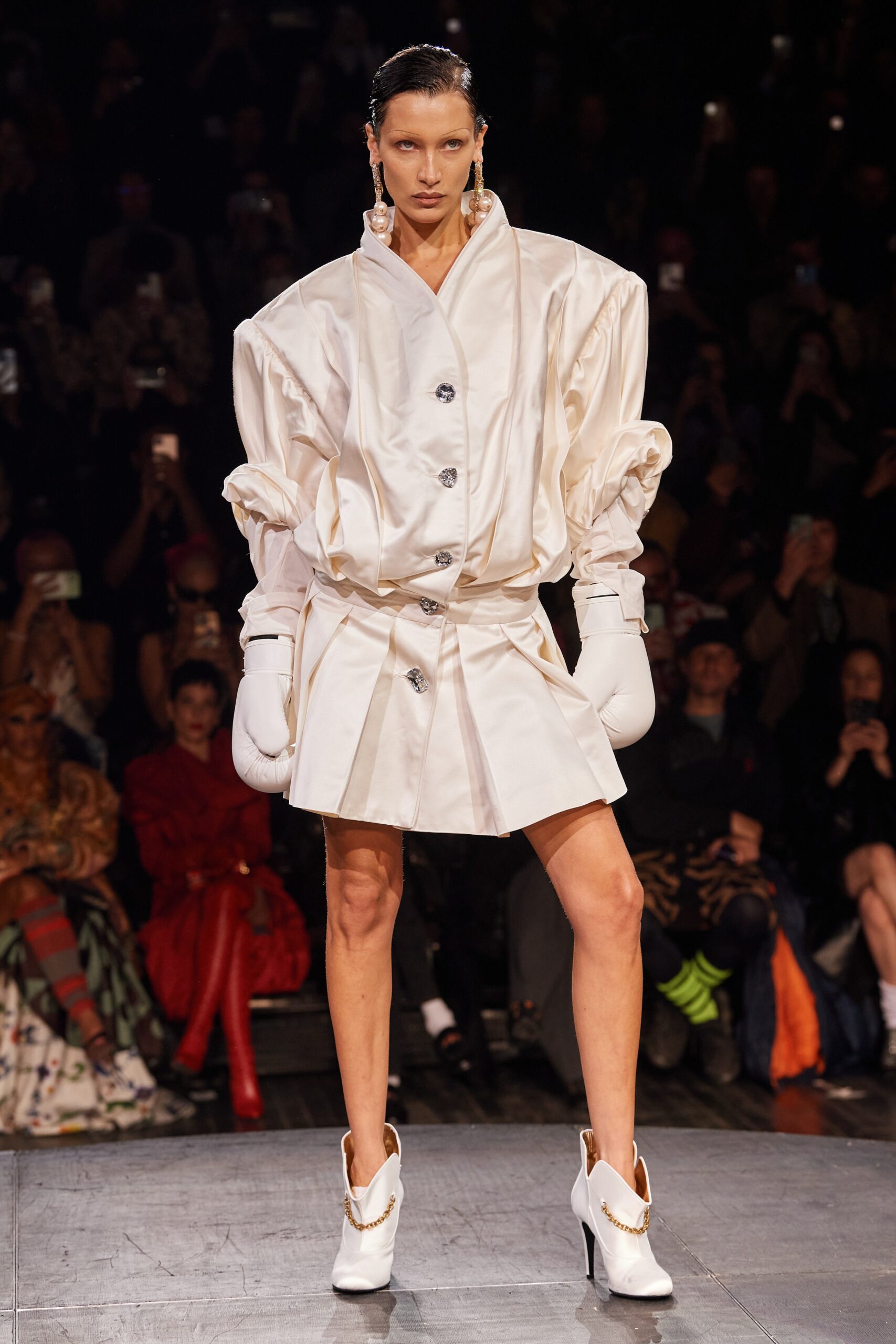 white silk long-sleeve collared relaxed pleated buttoned dress