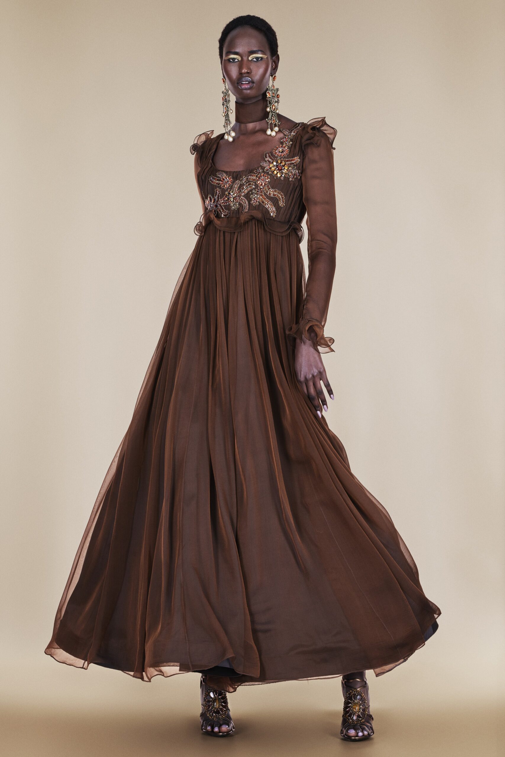 brown silk long-sleeve gown