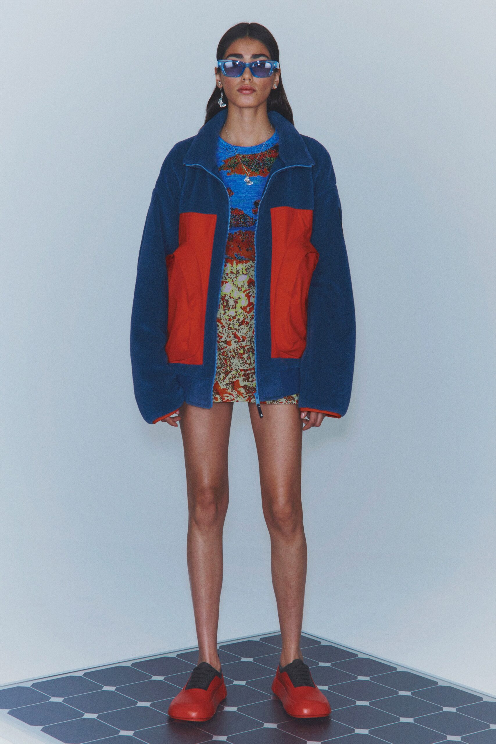 oversized blue jacket with mini dress