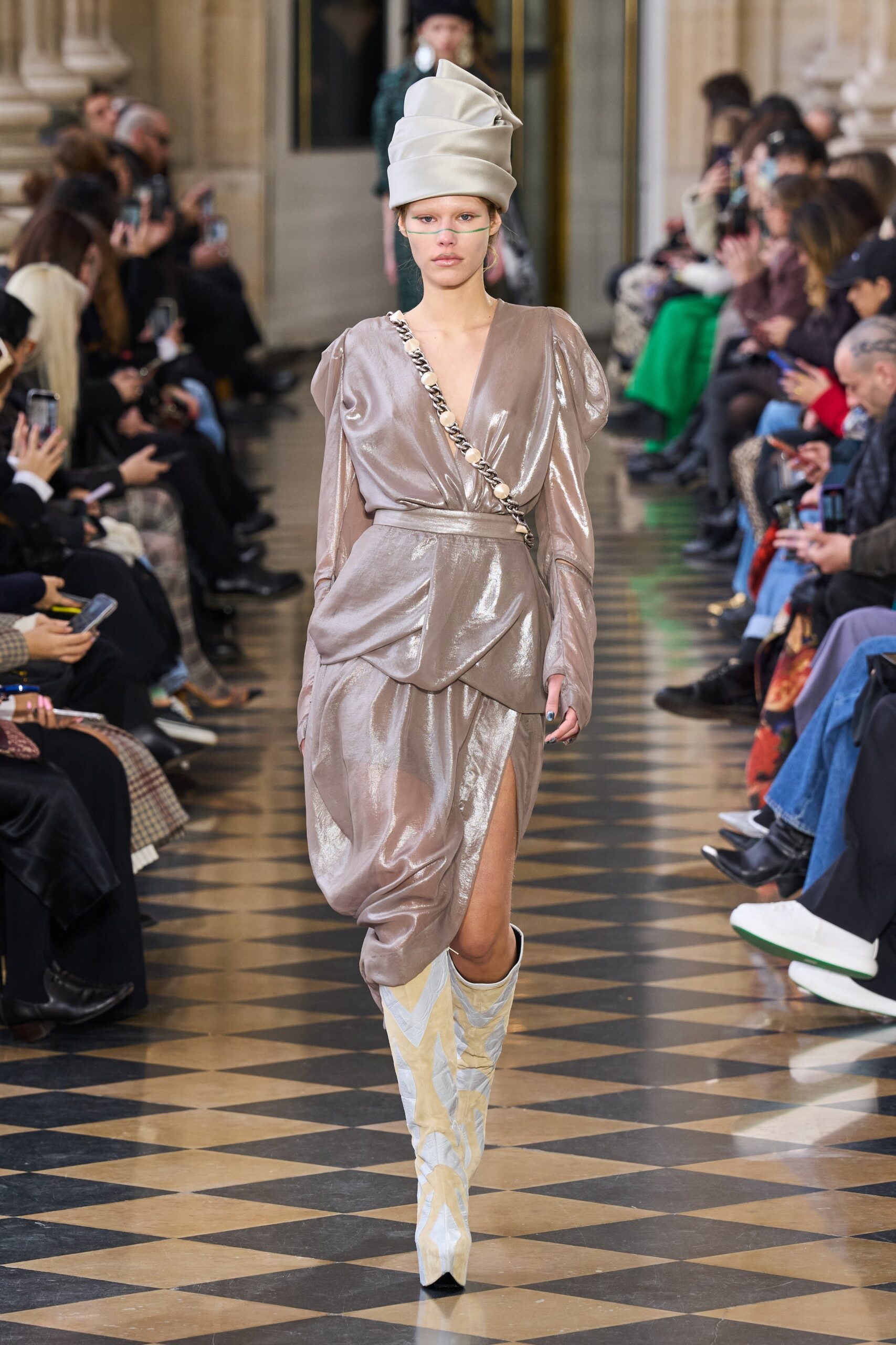 beige silk long-sleeve v-neck fitted draped shiny dress