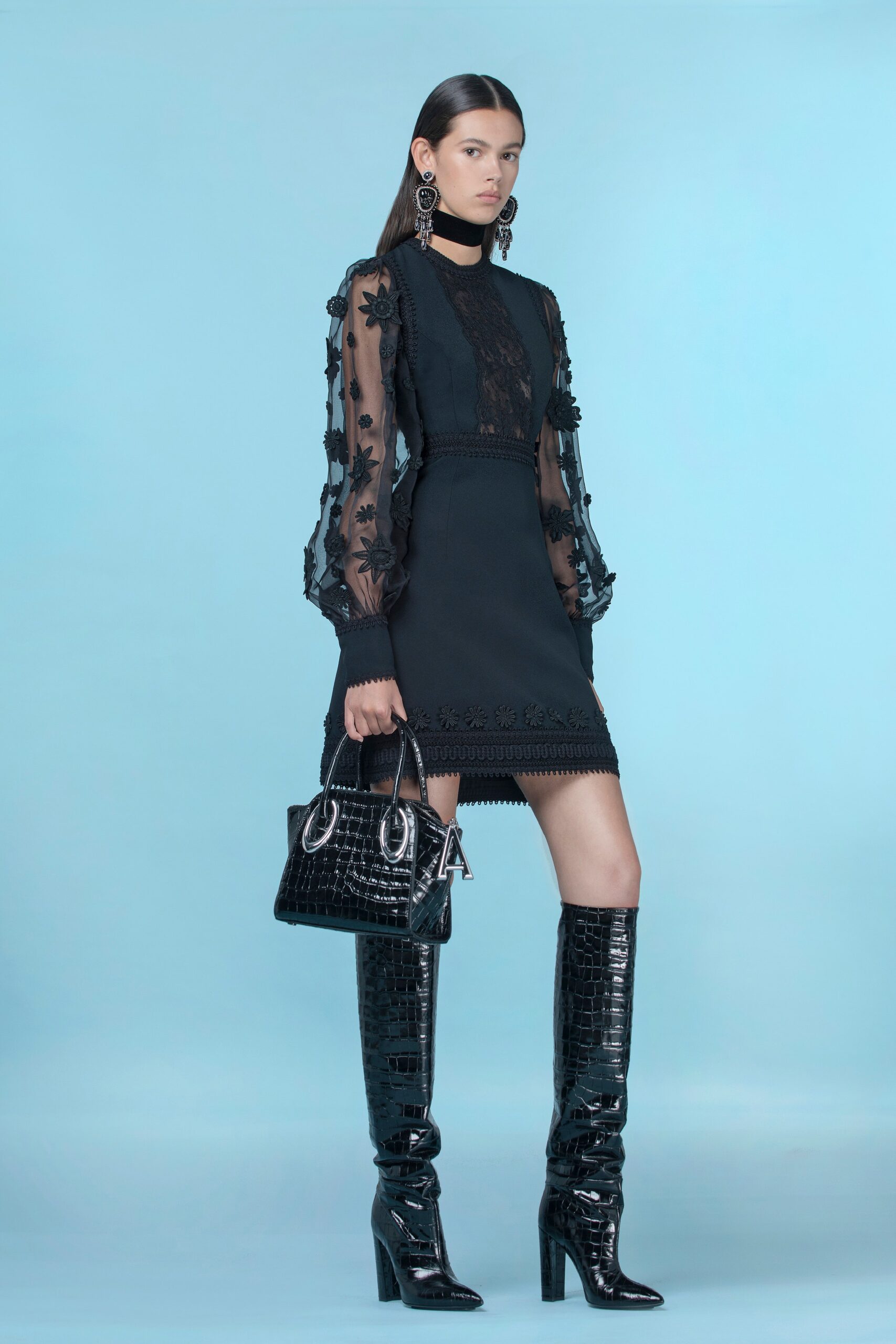 black lace long-sleeve high-neck fitted embroidered tiered dress