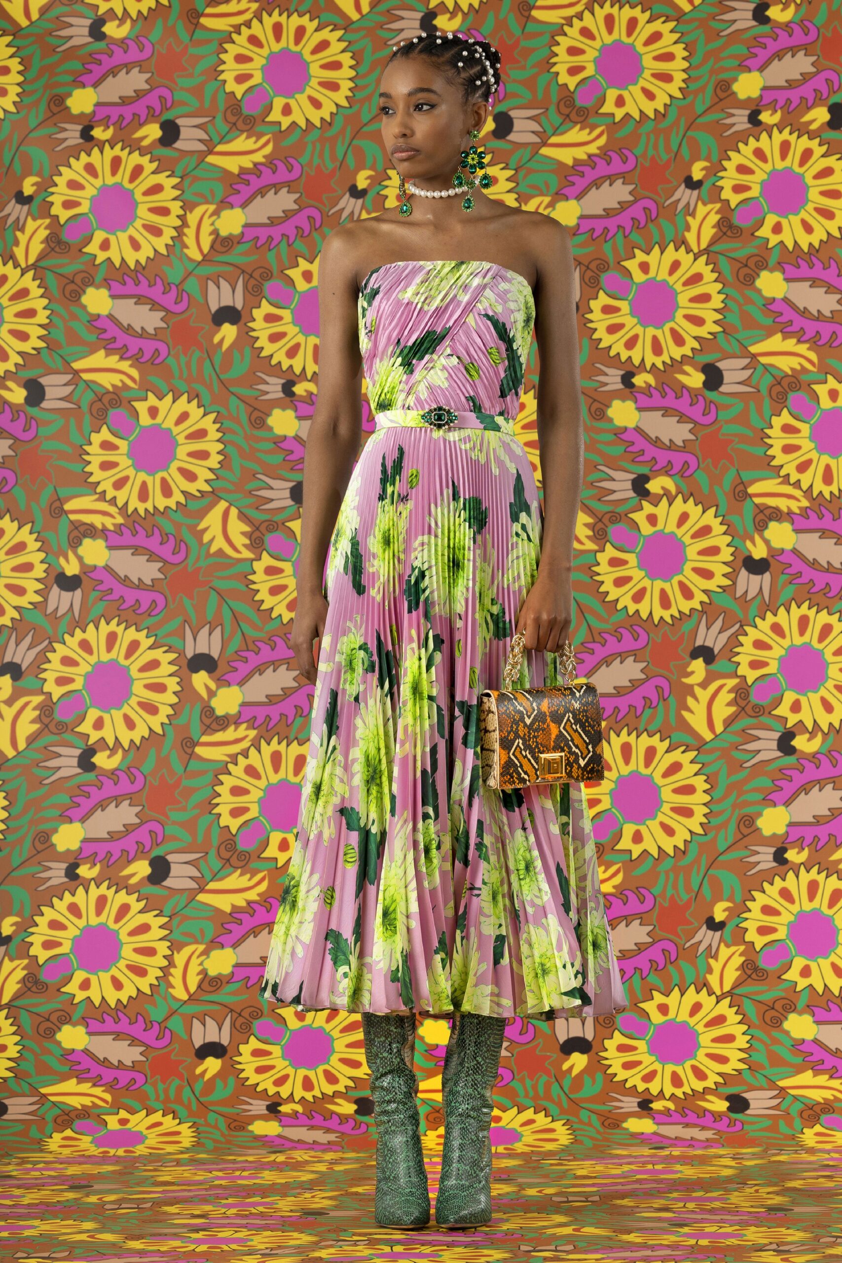 pink silk strapless fitted floral pleated midi dress