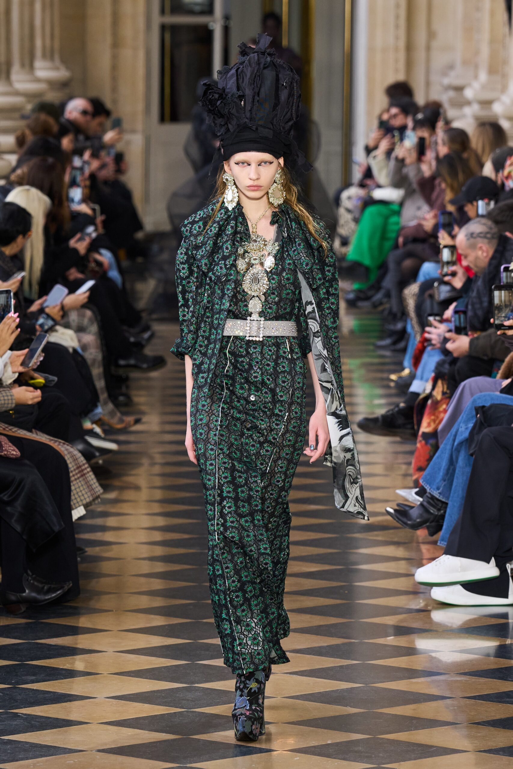 green printed midi dress with black cape