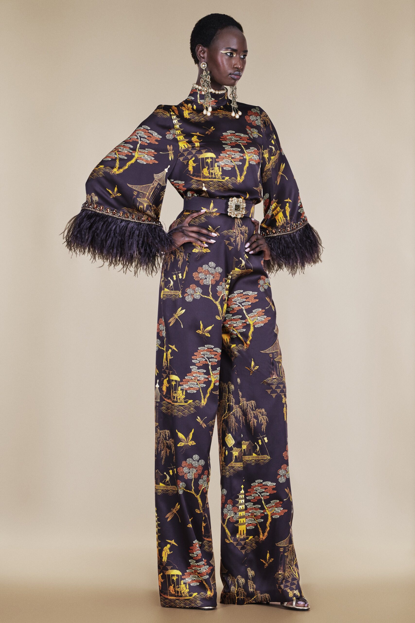 black silk printed jumpsuit