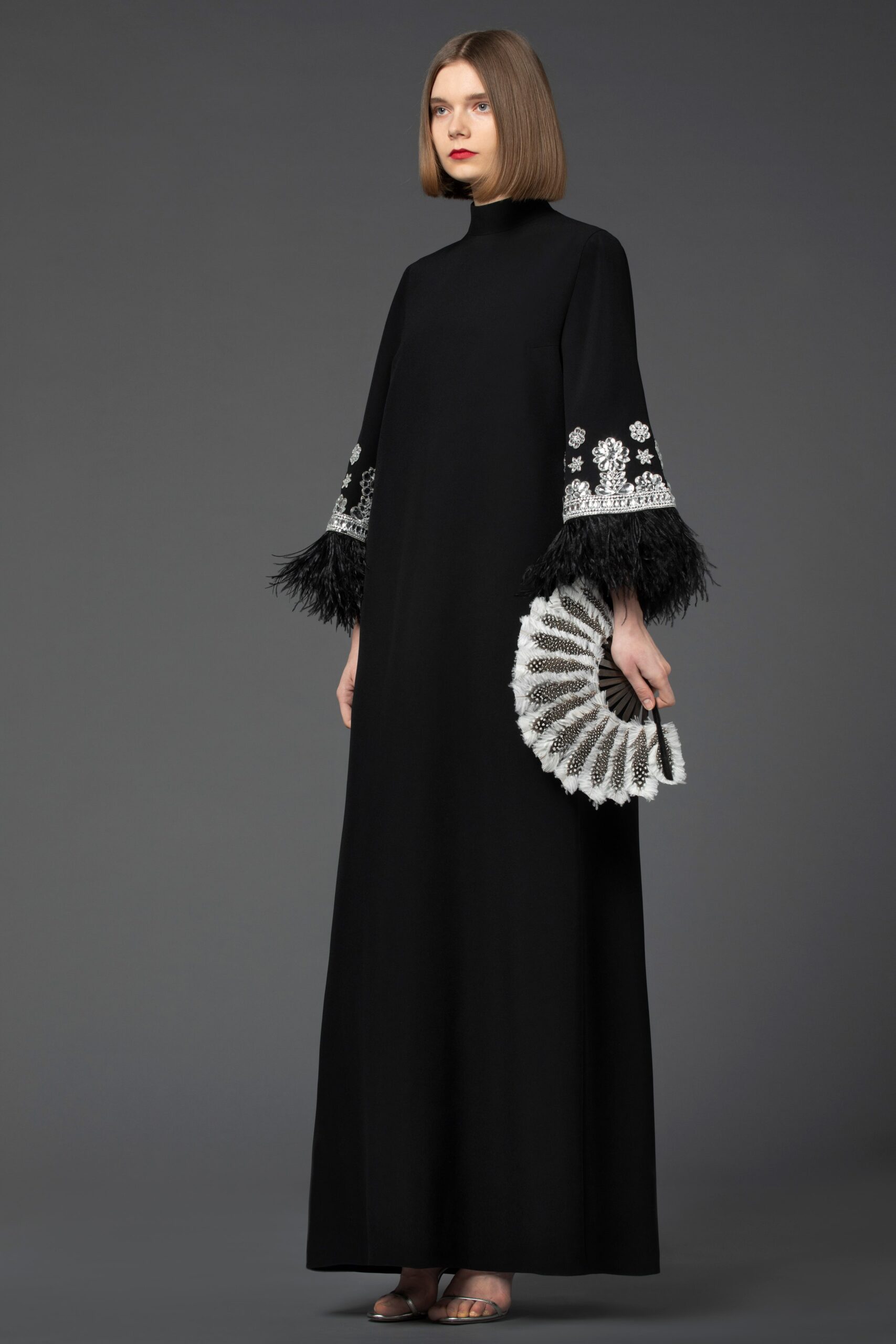 black wool embroidered gown