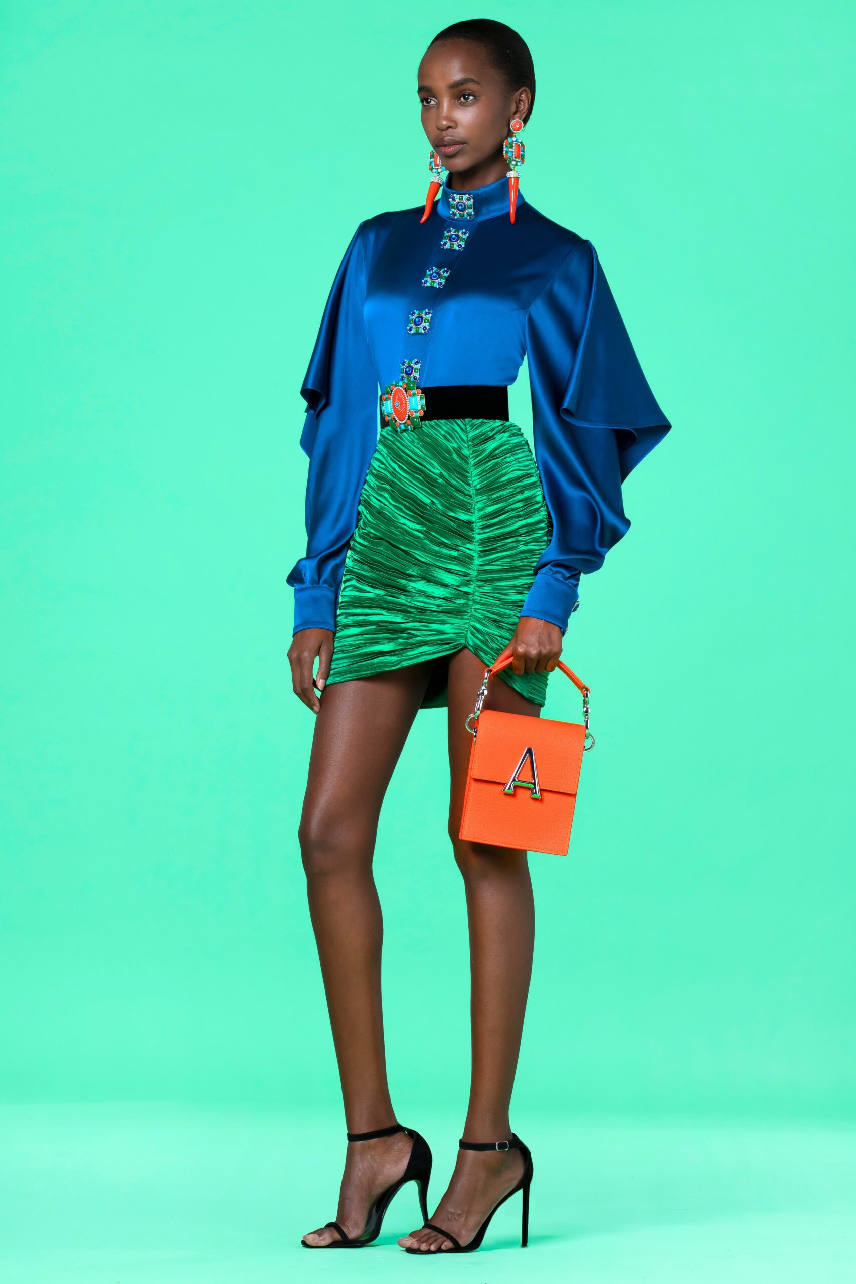green silk fitted ruched mini skirt