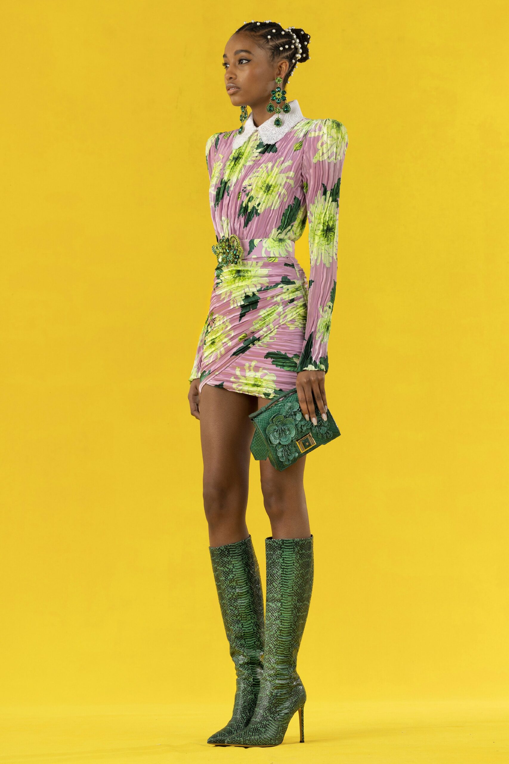 fitted pink and green mini-dress