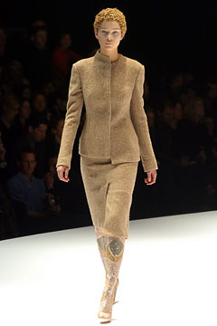 beige tweed long-sleeve collared tailored pencil suit