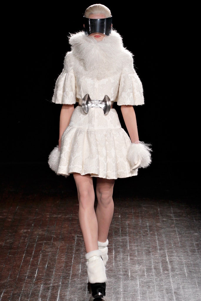 white fur short-sleeve high-neck fitted pleated tiered dress