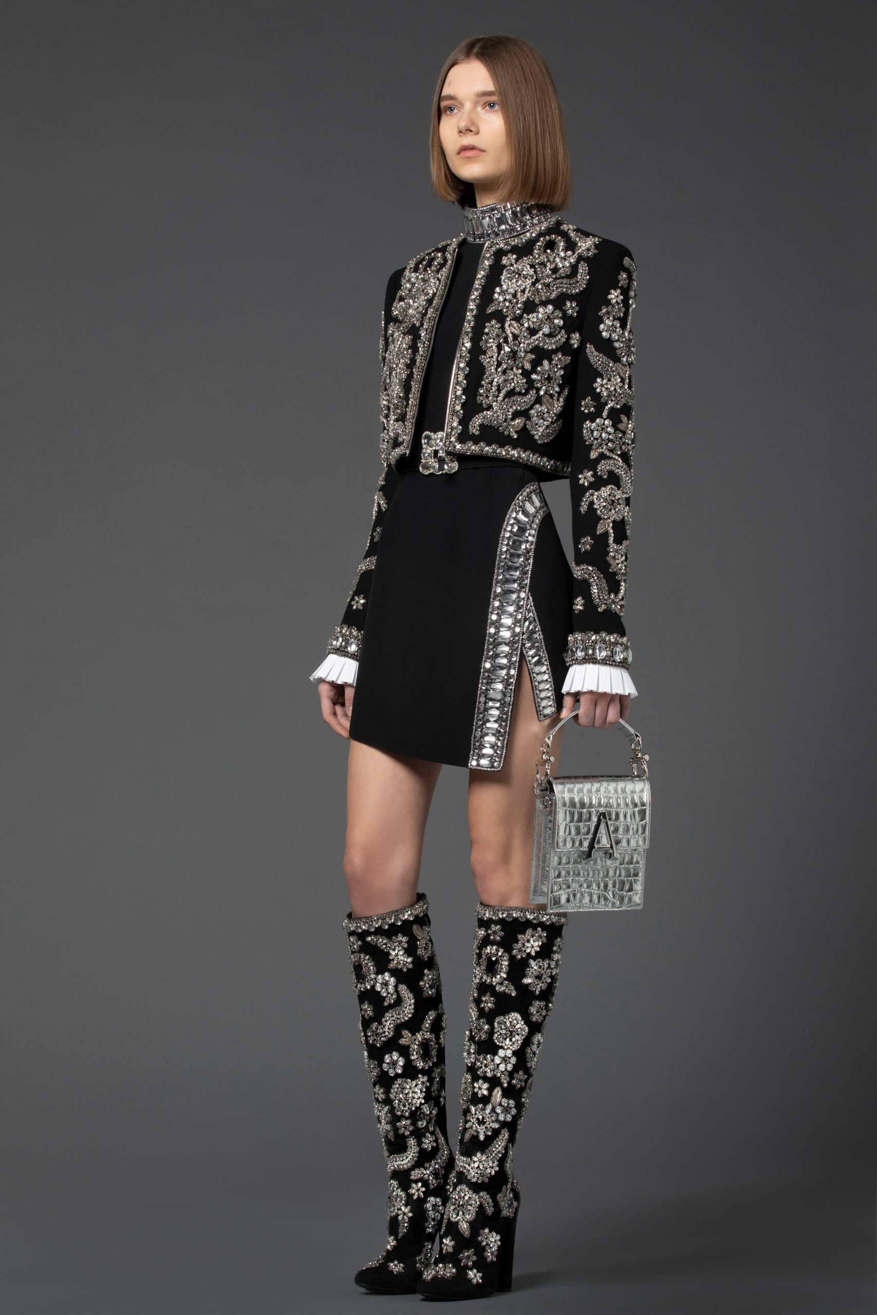 black embroidered mini dress