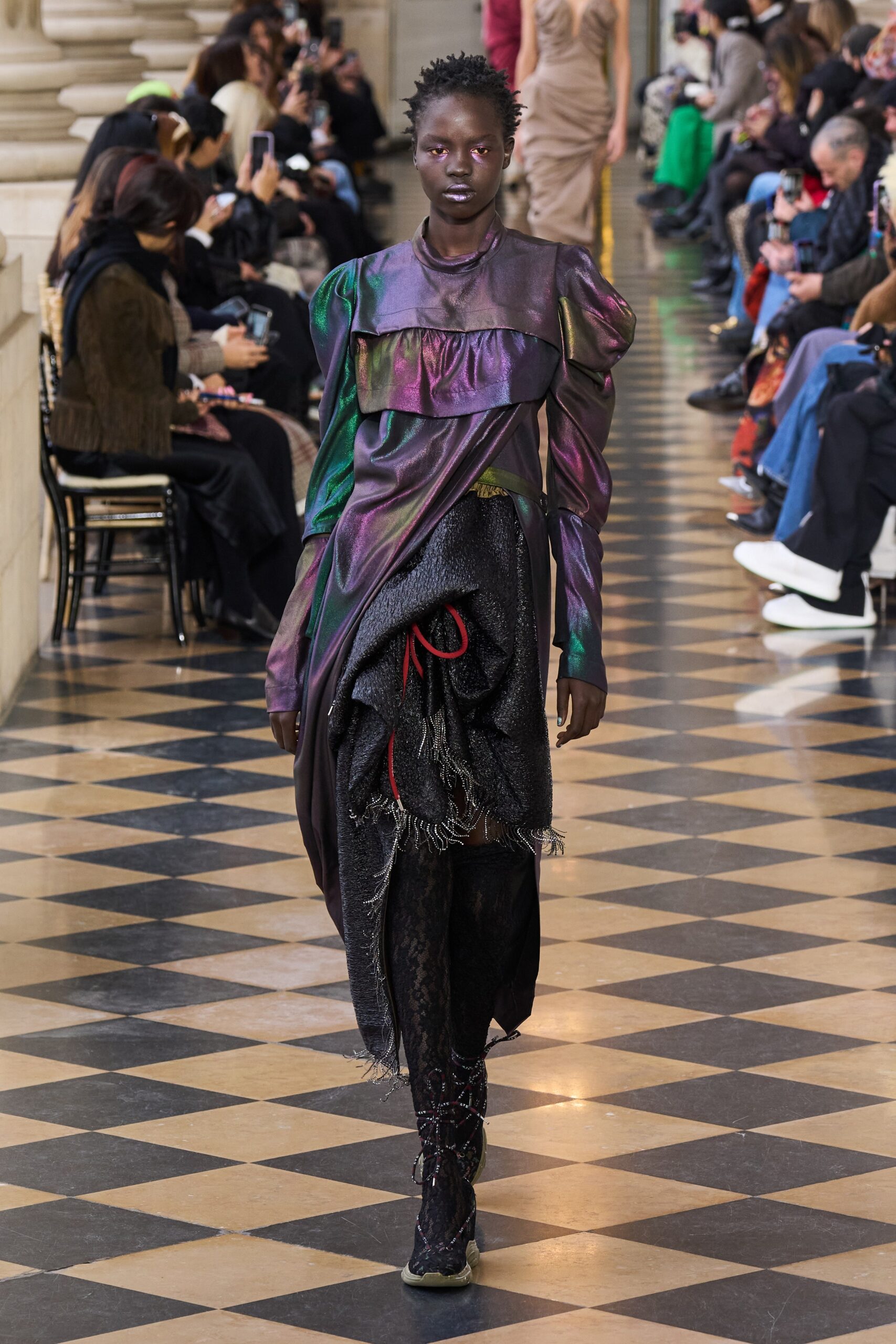 purple green ruffled midi dress with asymmetric skirt