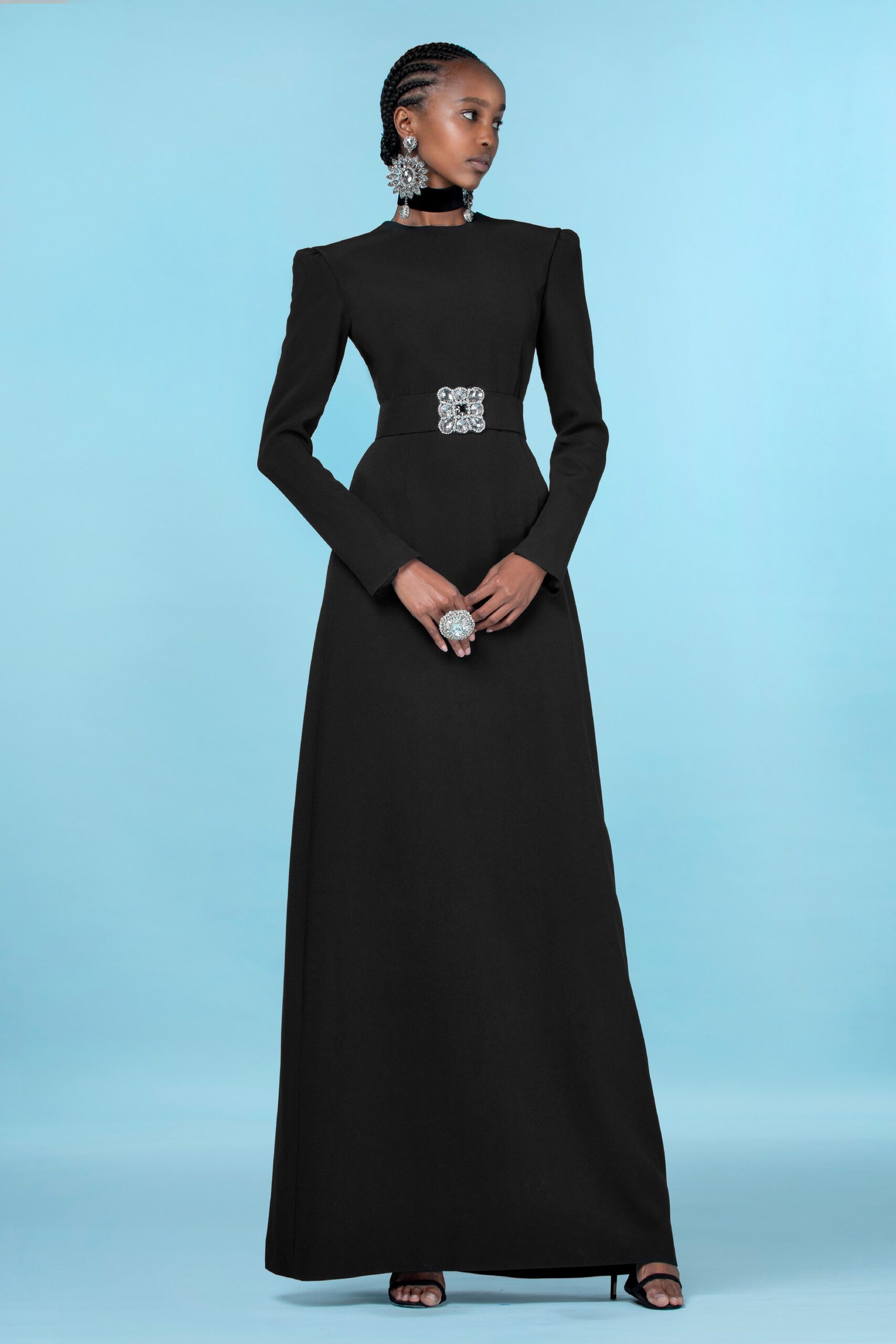 fitted black wool gown