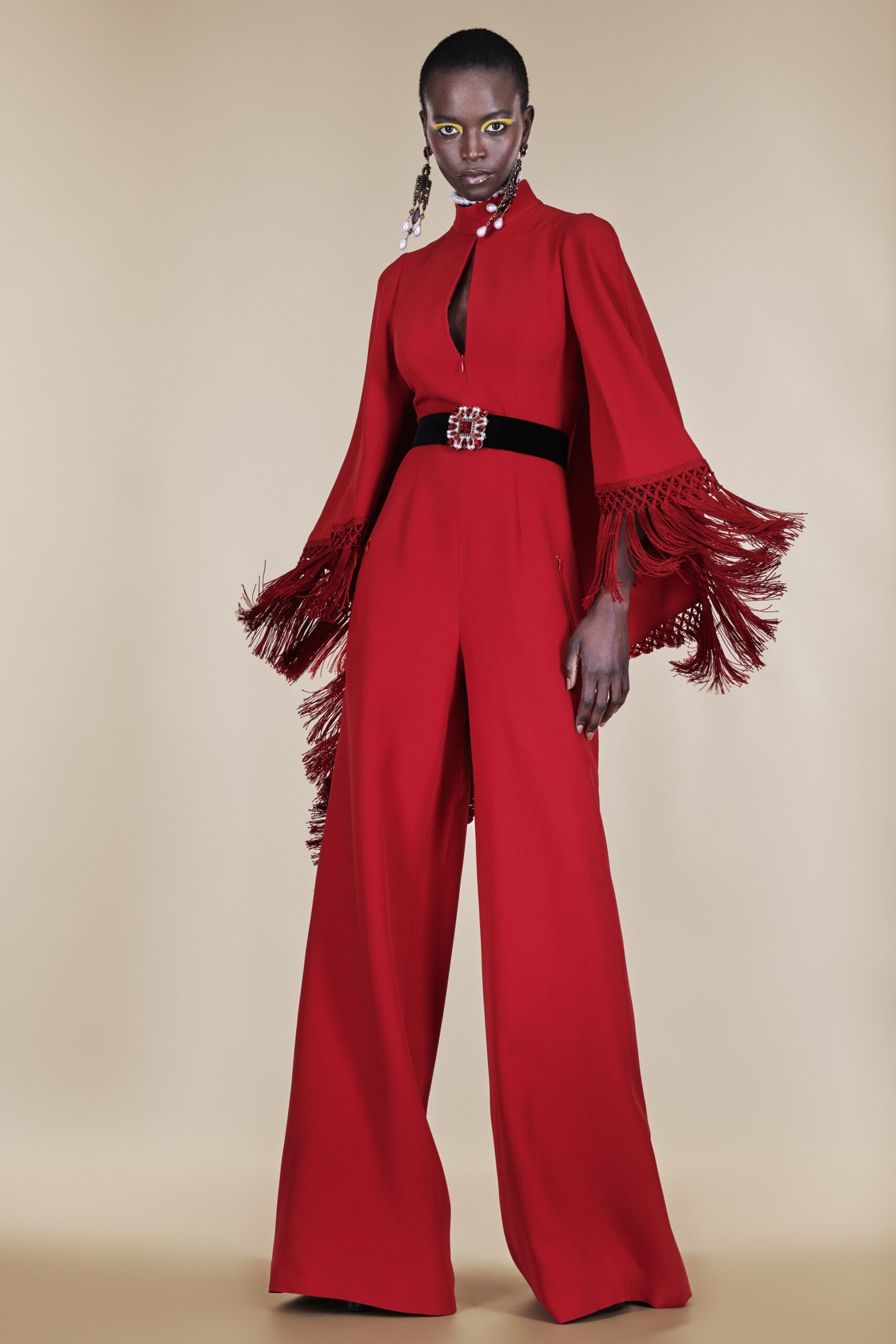 red silk fitted jumpsuit