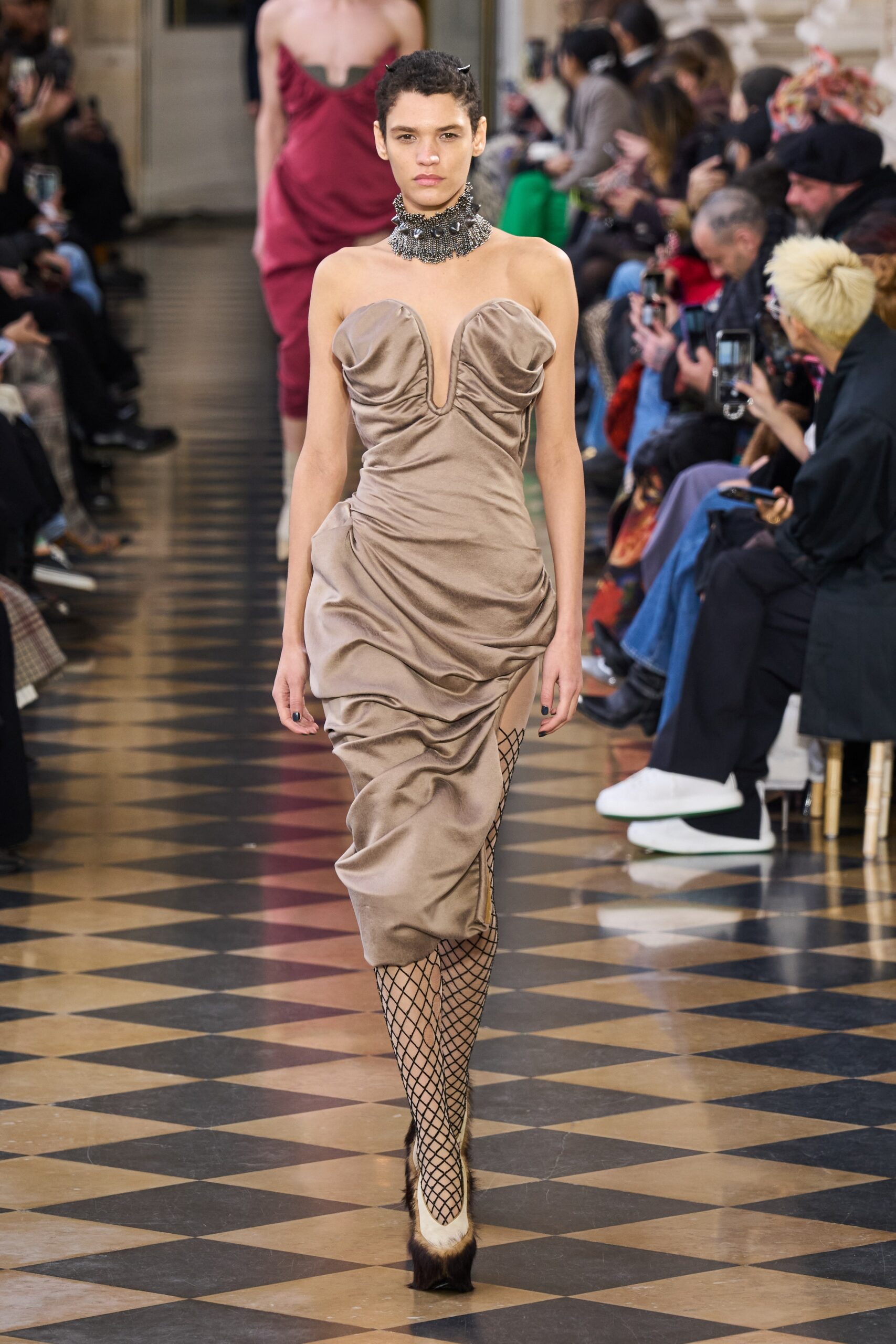 beige silk fitted midi dress