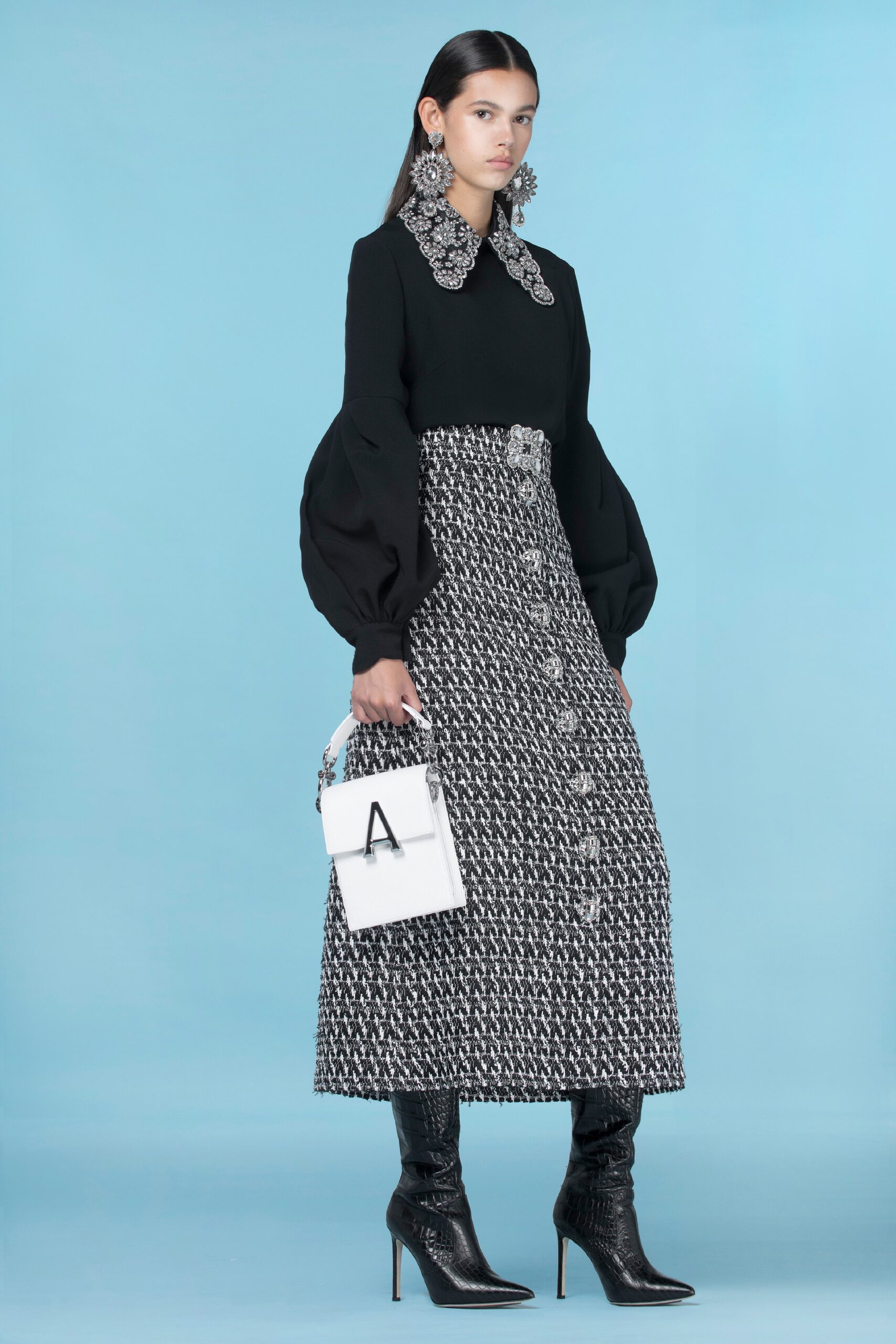 black cotton fitted high-waisted buttoned pencil midi skirt