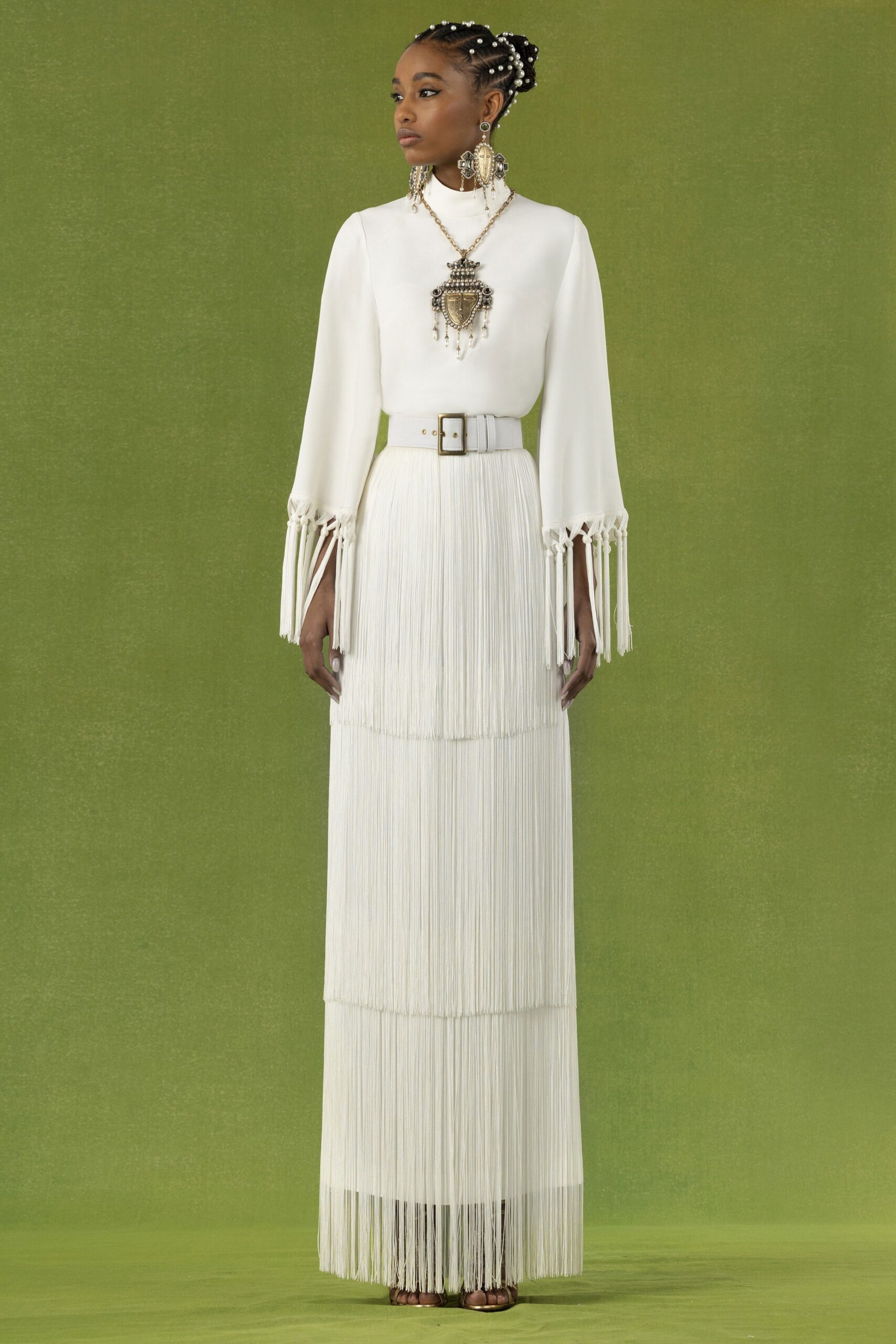 white fringed maxi dress