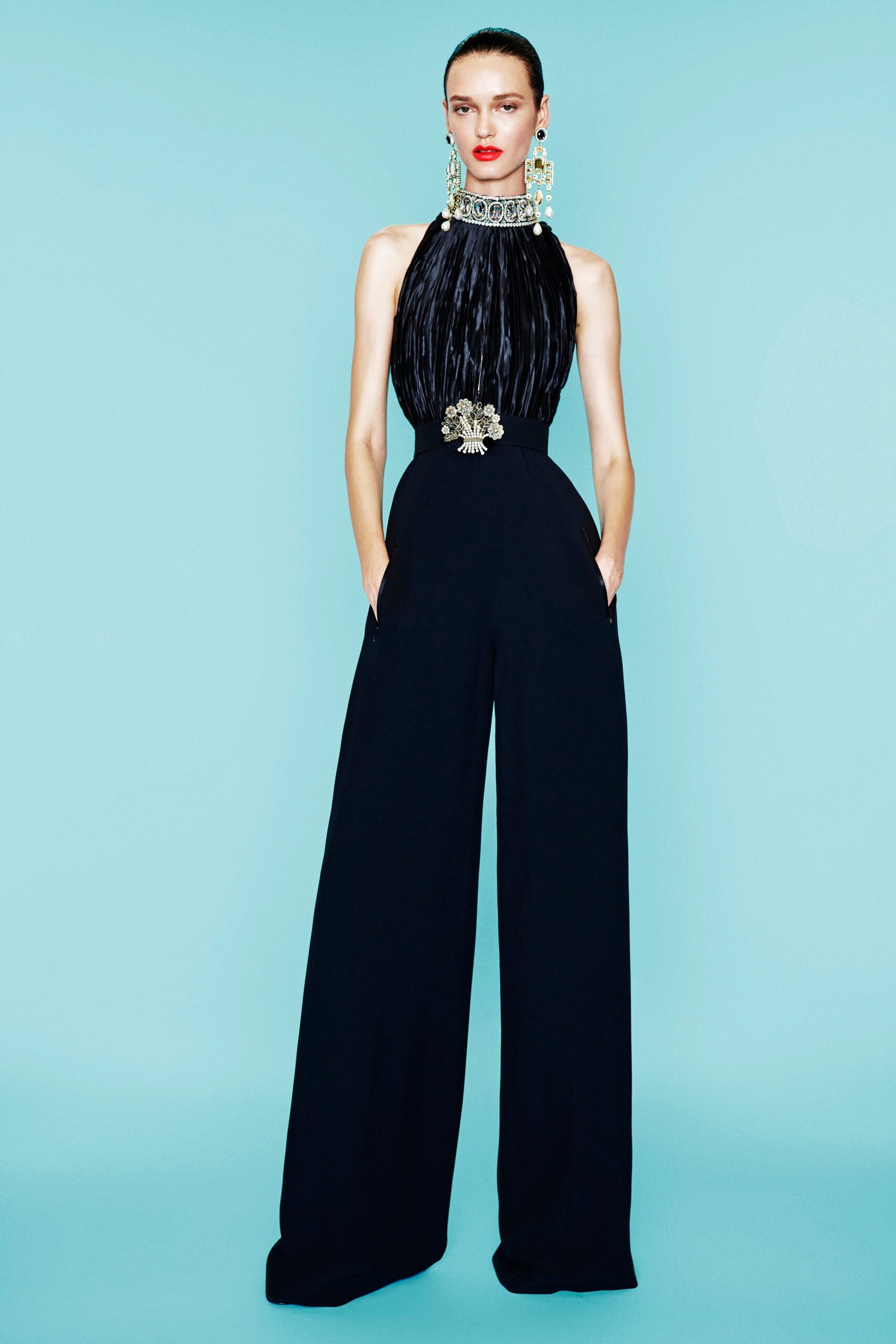 black silk pleated jumpsuit