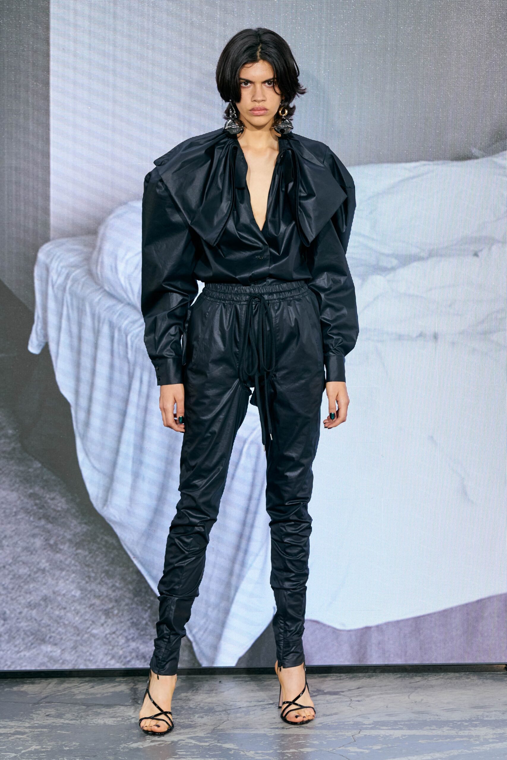 black silk long-sleeve v-neck fitted draped shirt