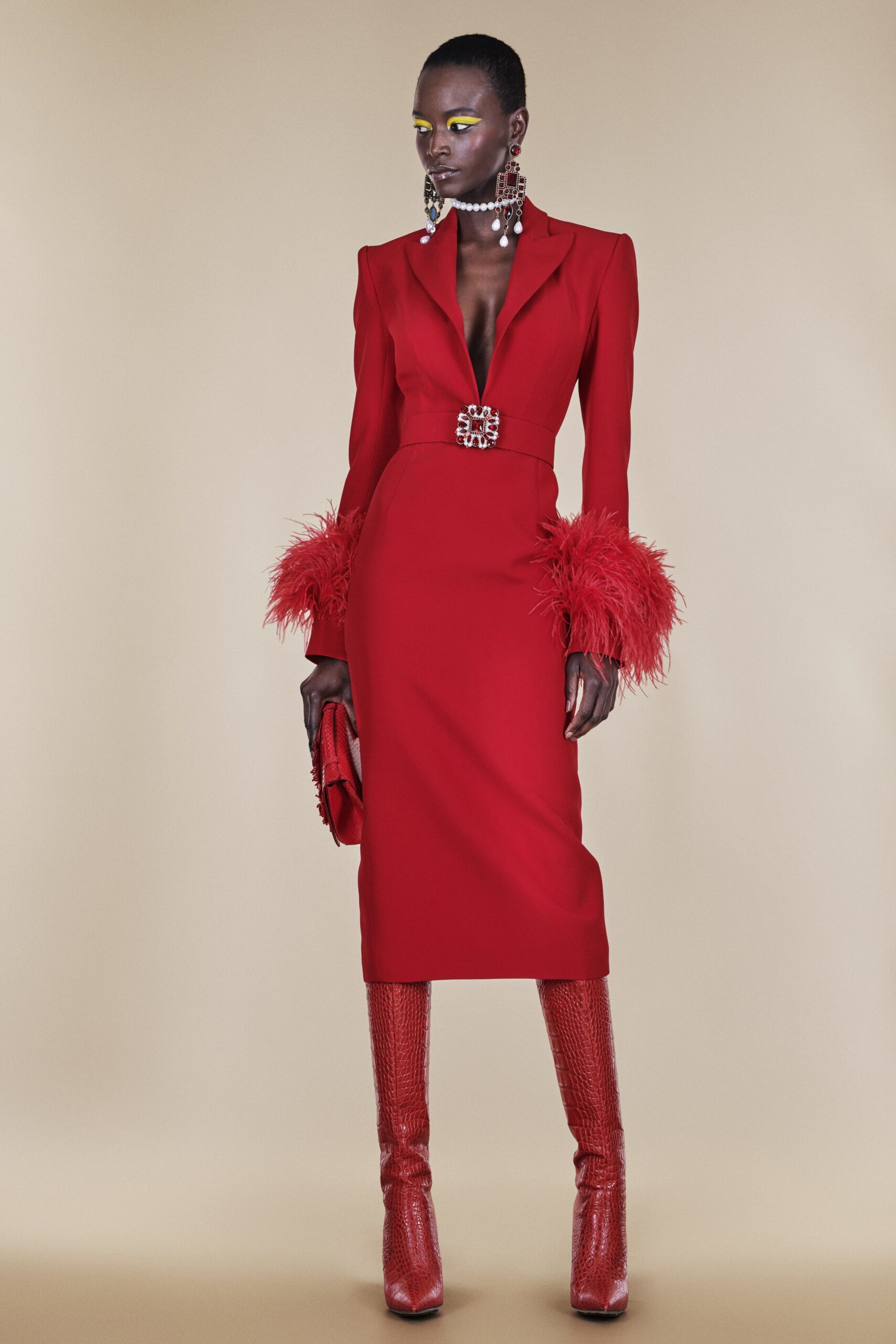fitted red midi dress