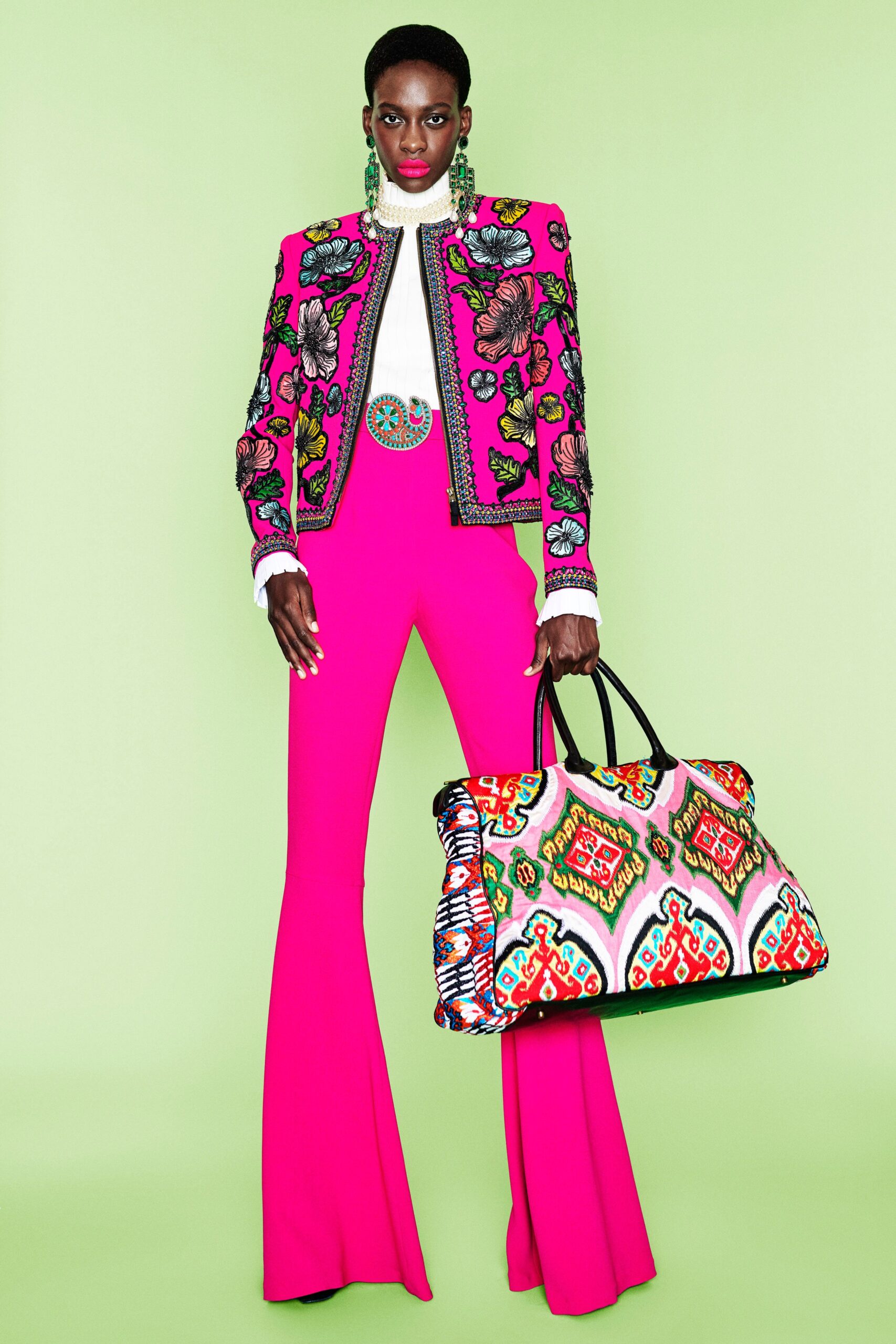 embroidered jacket and flared pants