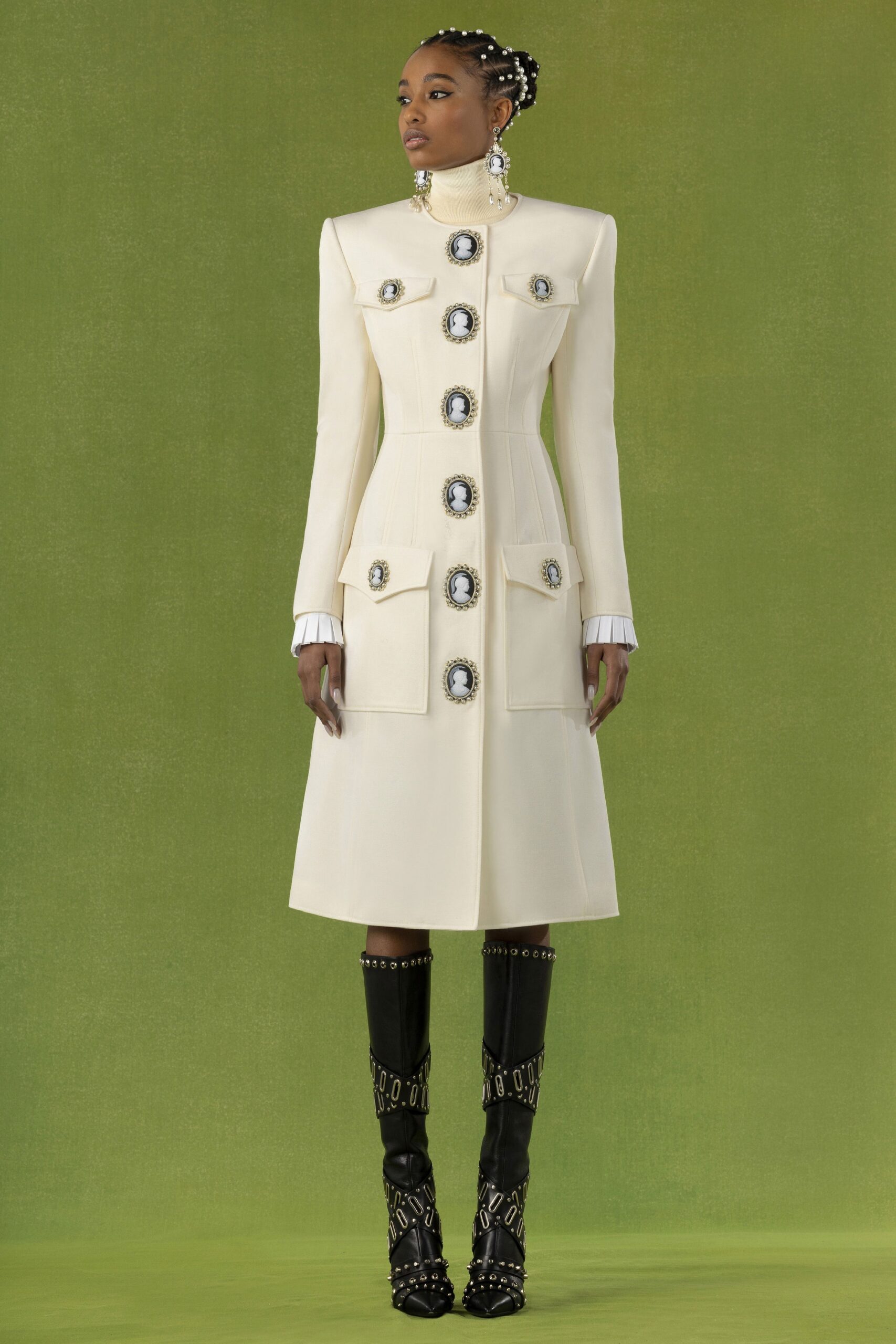 white wool long-sleeve collared fitted buttoned pockets coat