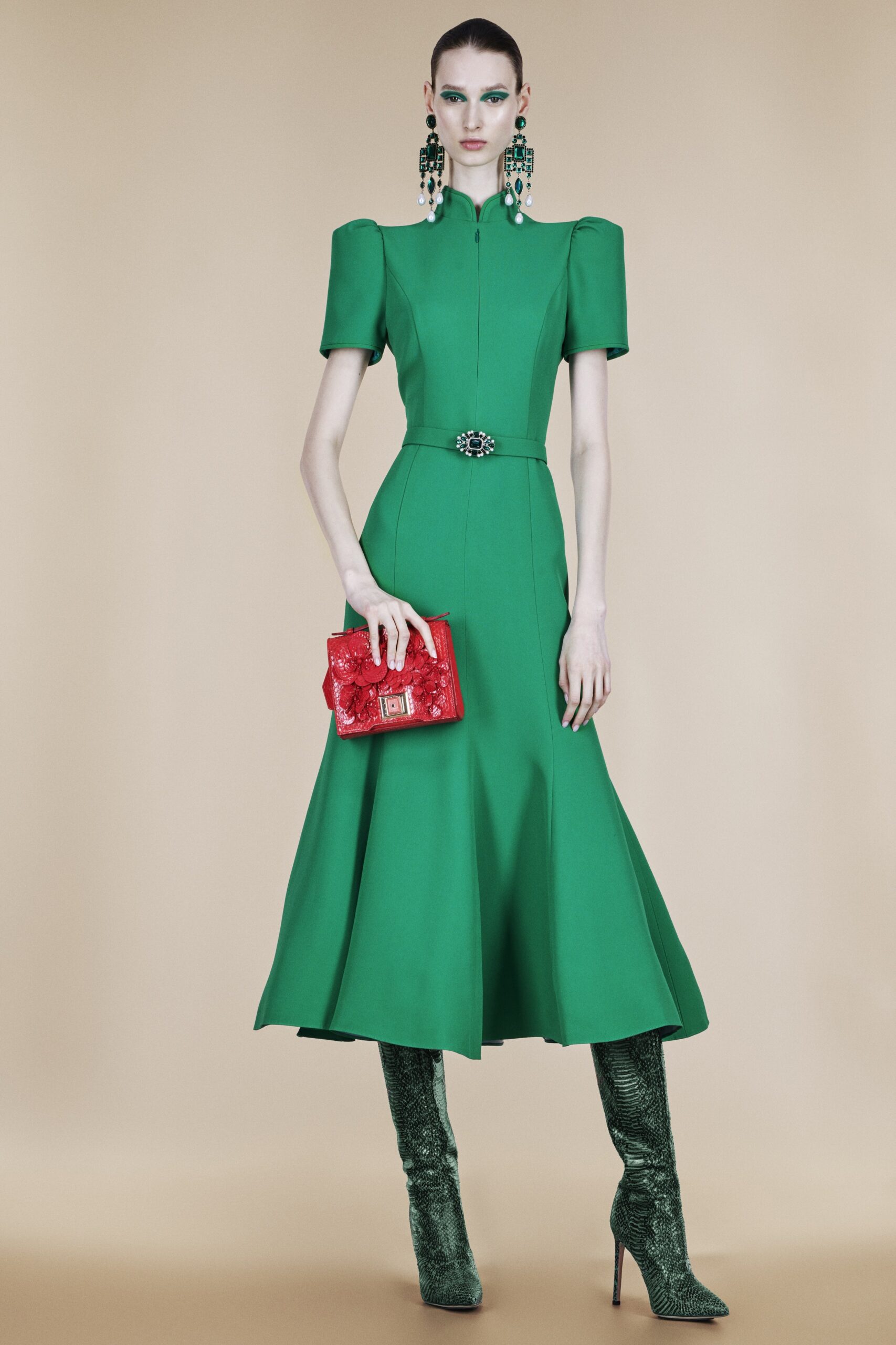 green midi dress with red bag