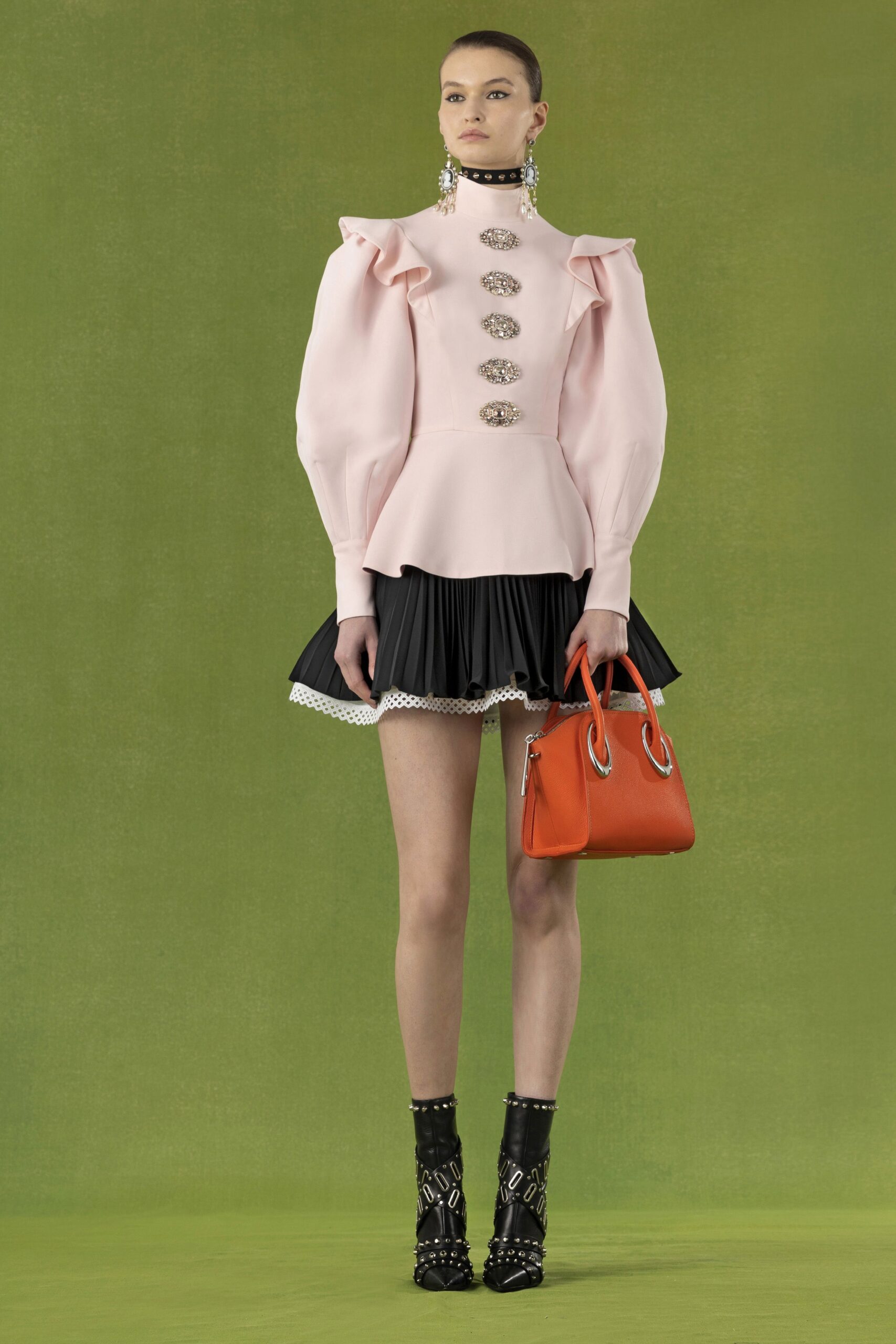 pink cotton long-sleeve collared fitted ruffled buttoned top