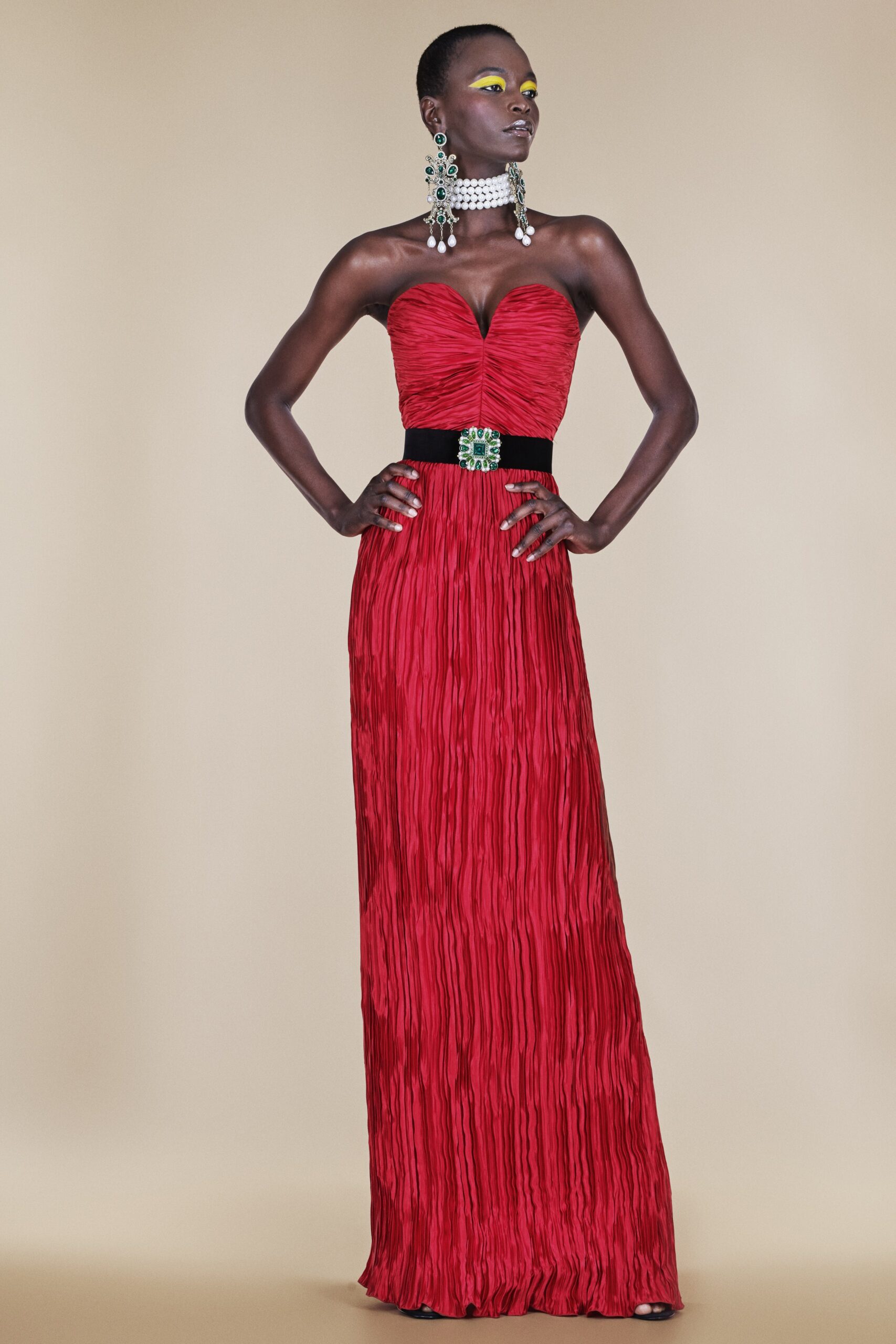 fitted red pleated gown