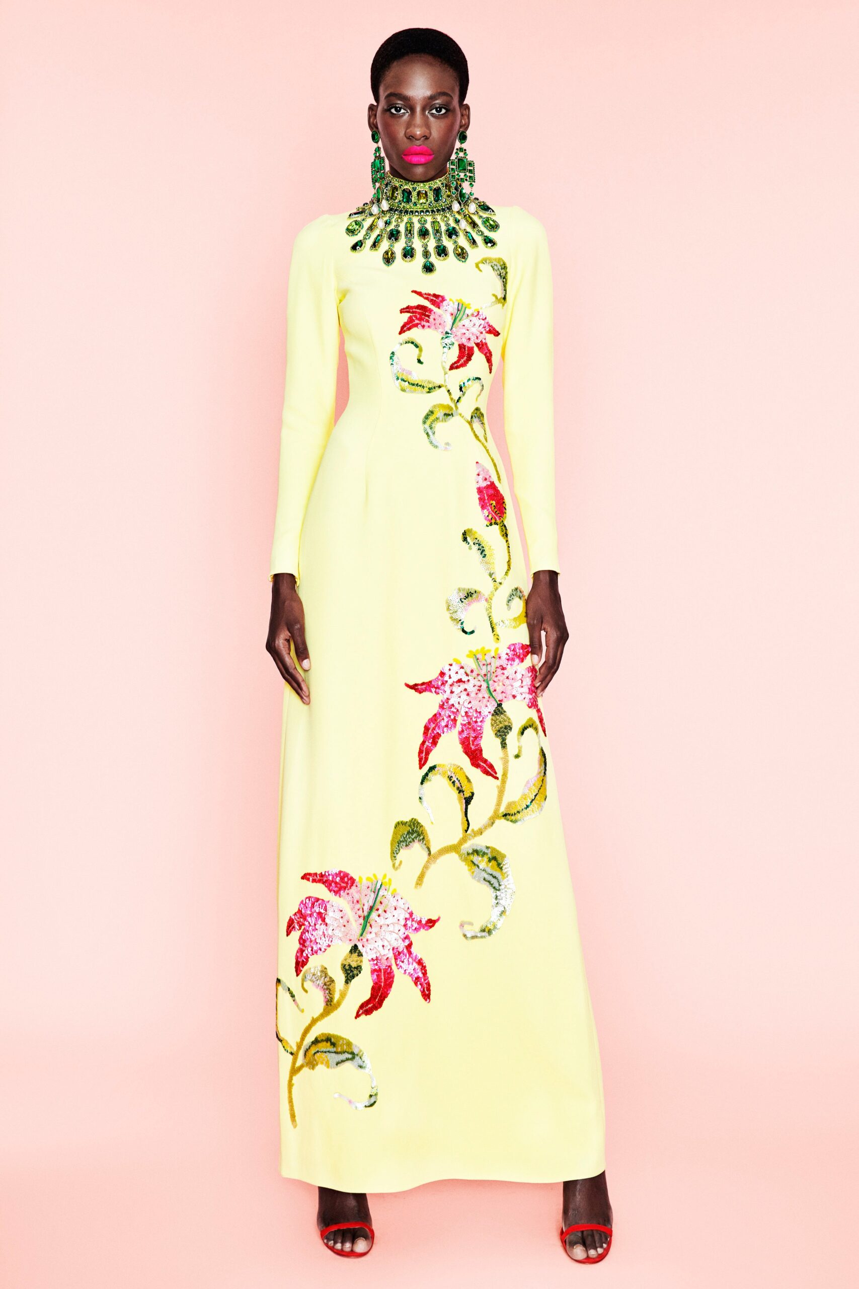 yellow embroidered long-sleeve gown
