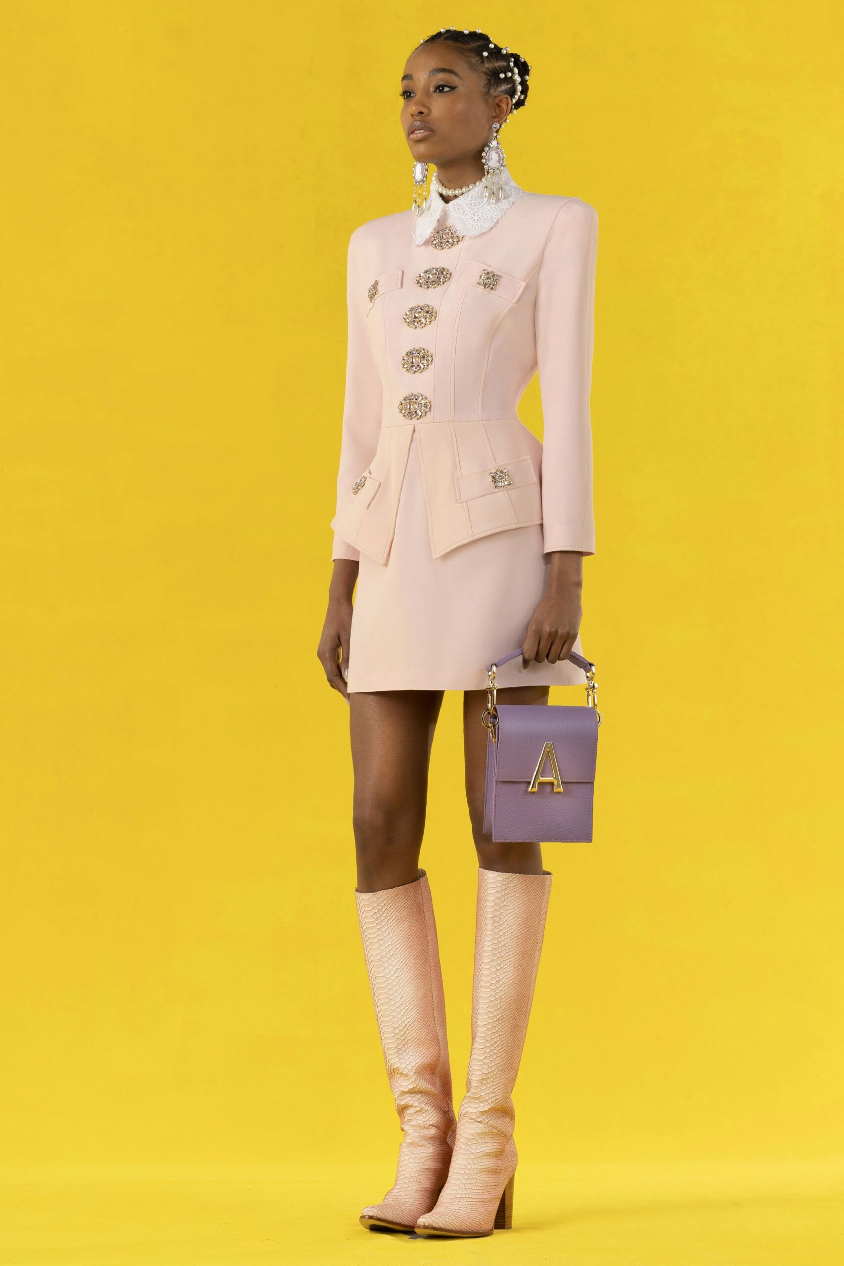 pink cotton long-sleeve collared fitted buttoned embellished dress