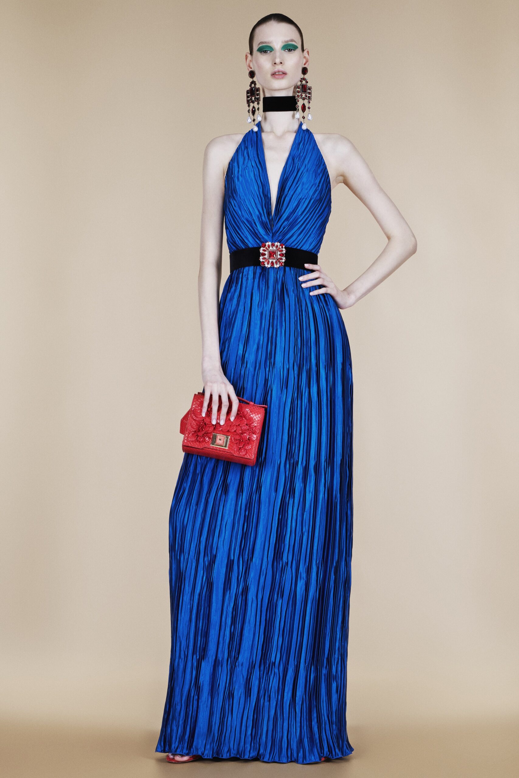 blue silk pleated gown