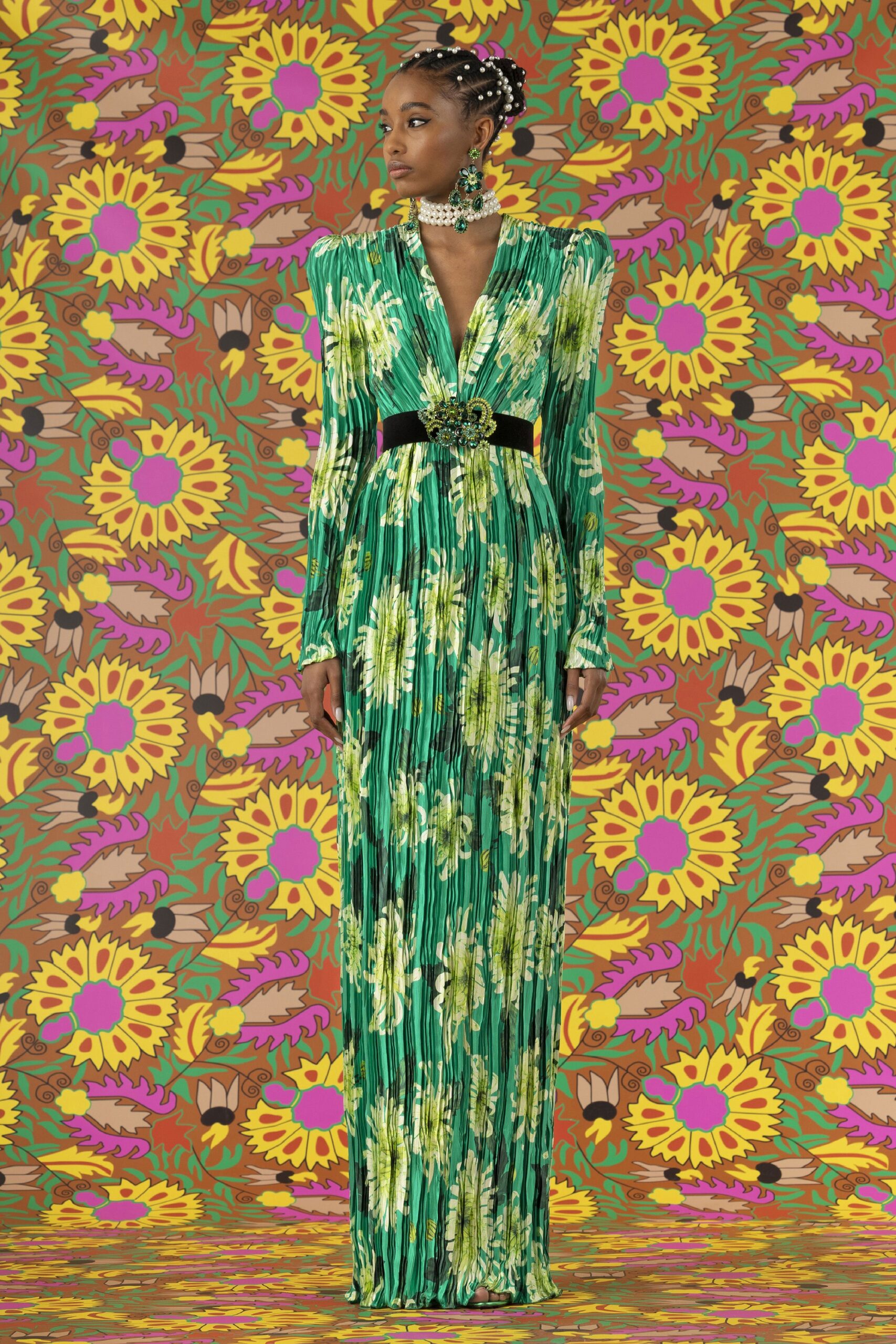 green pleated maxi gown