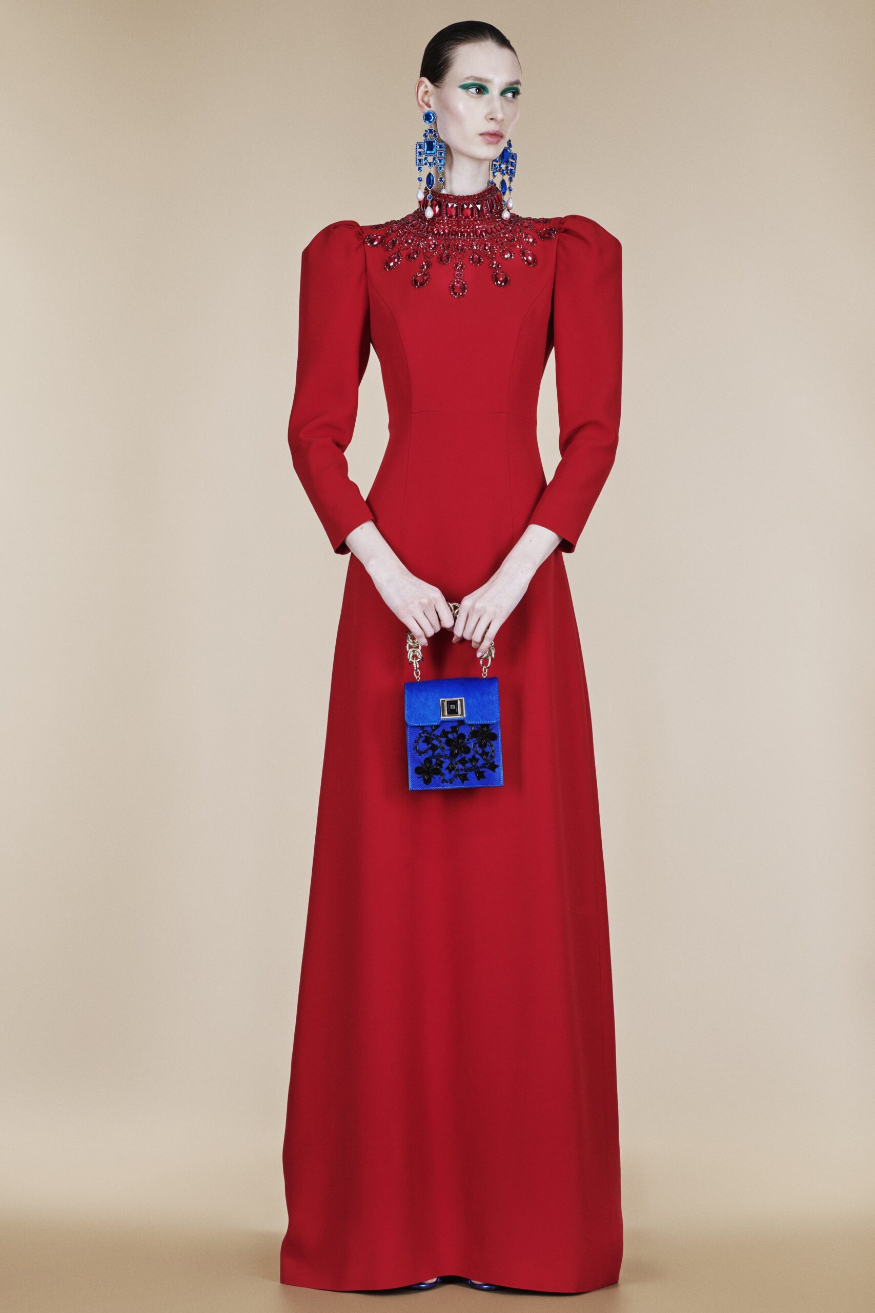 red silk fitted gown