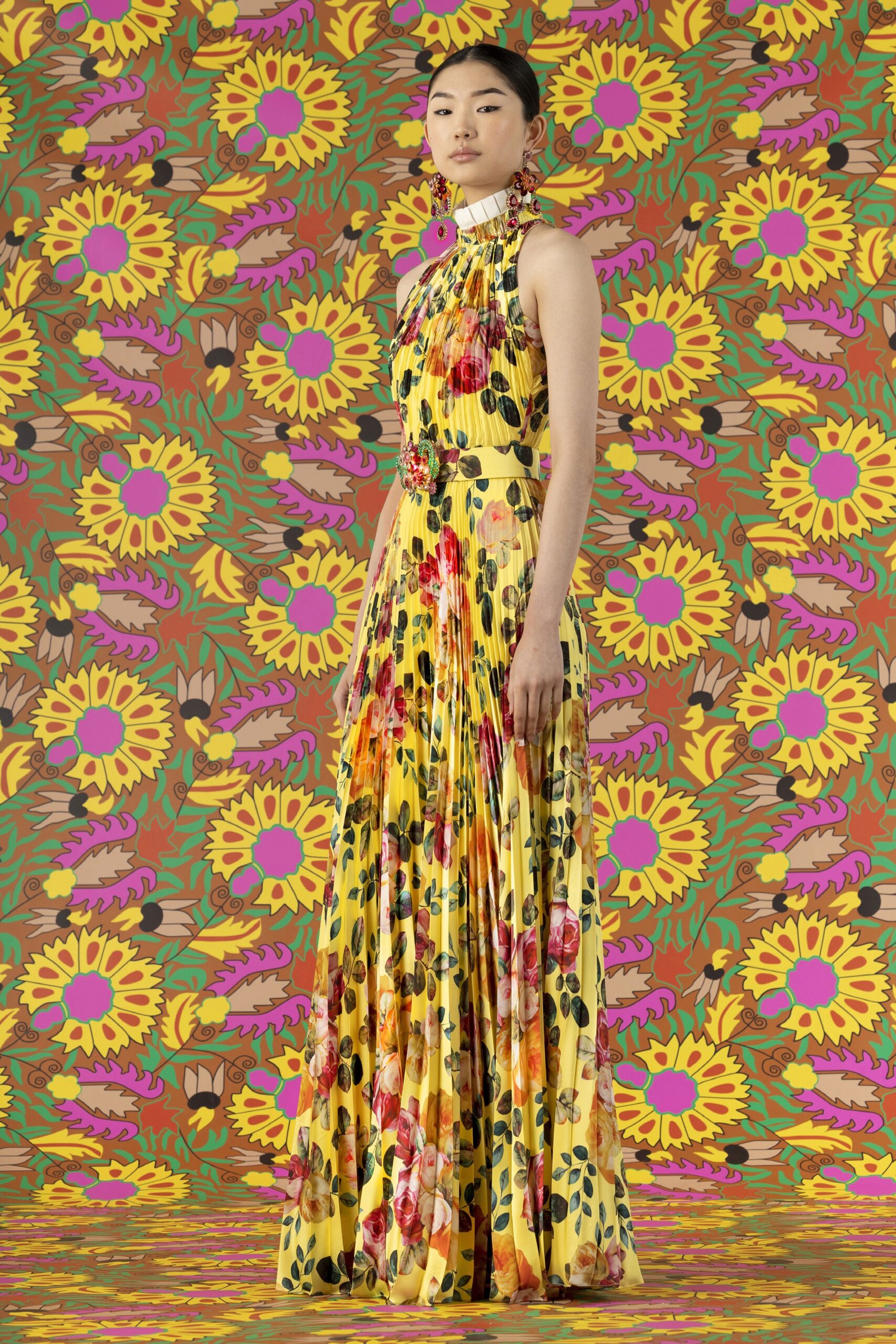 yellow floral pleated gown