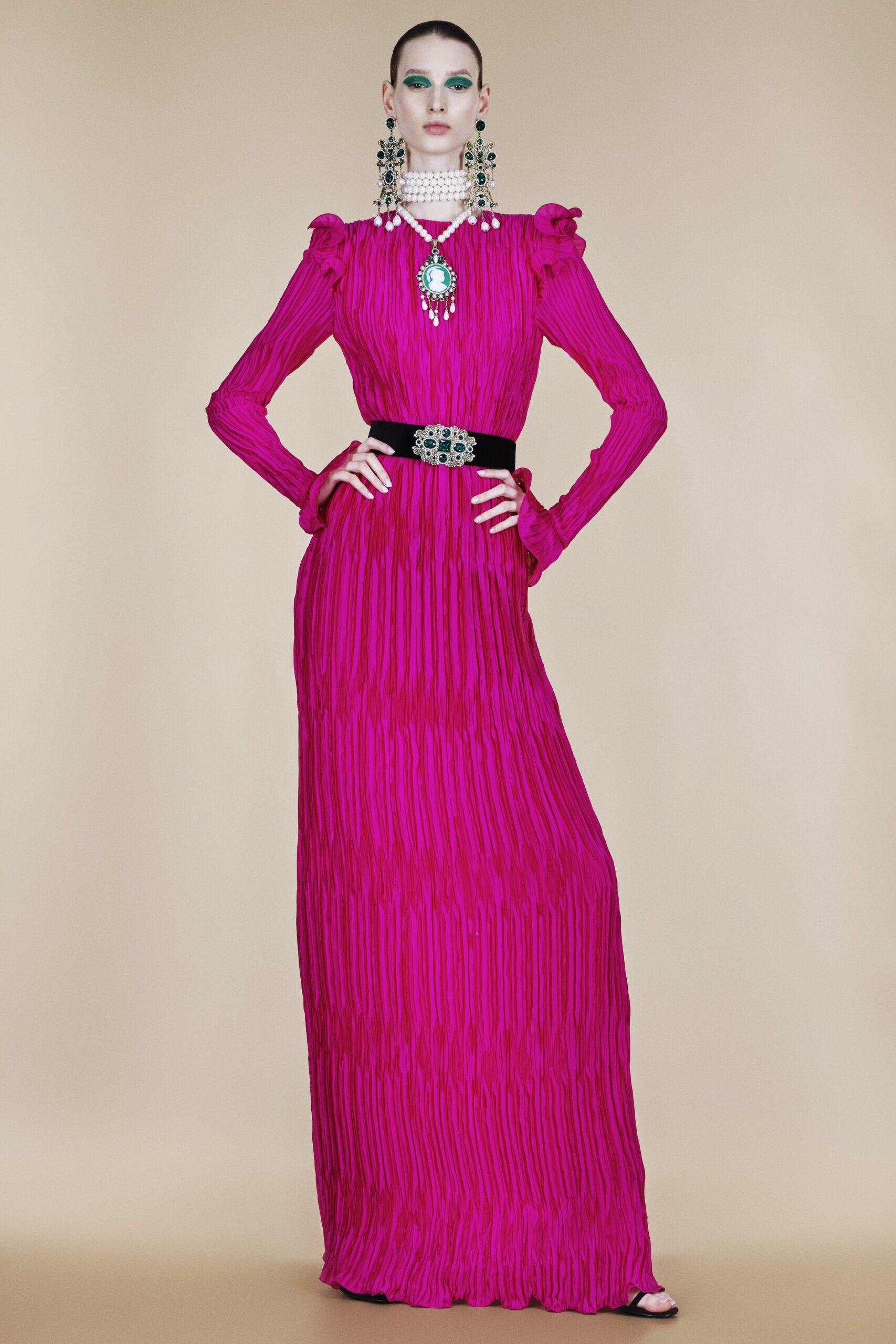 fitted pink pleated gown