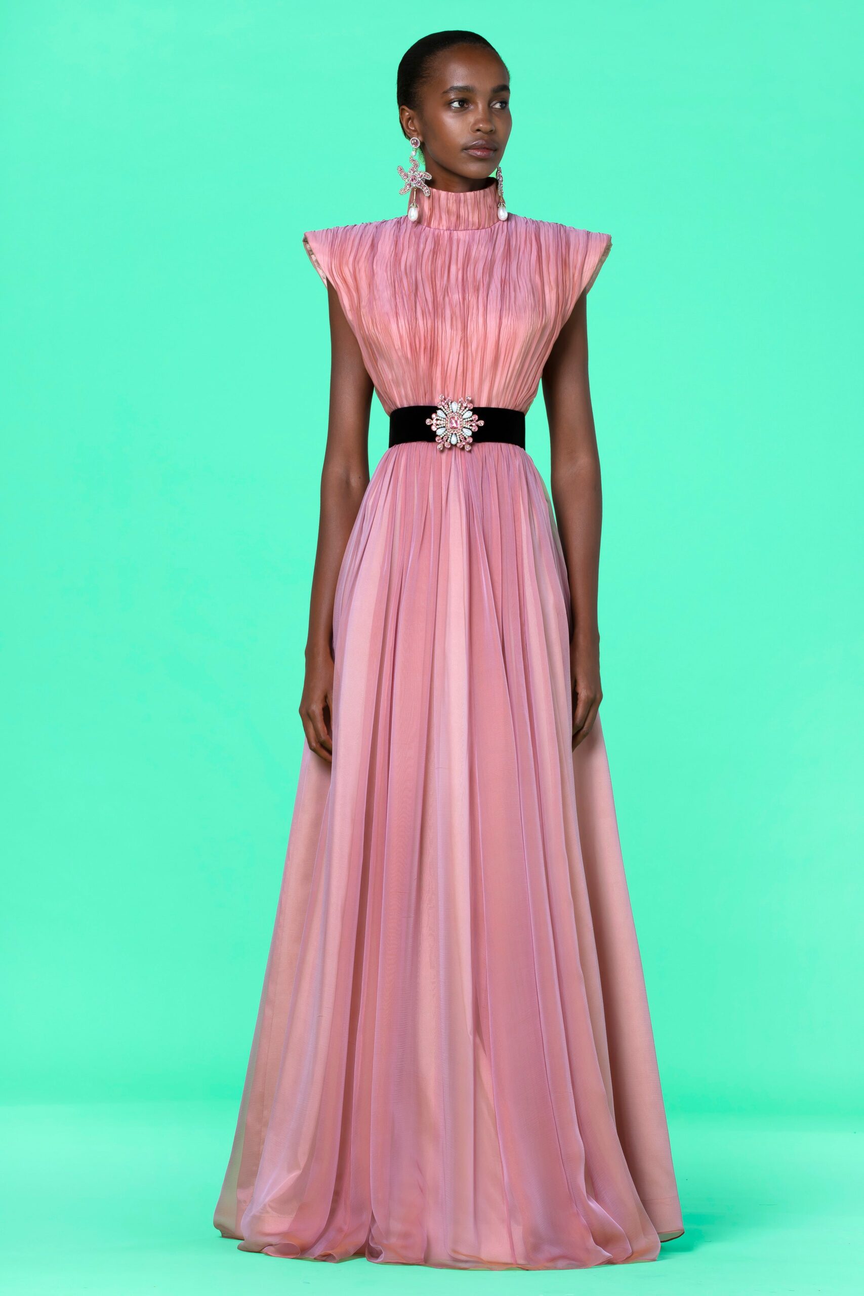 pink pleated sleeveless gown