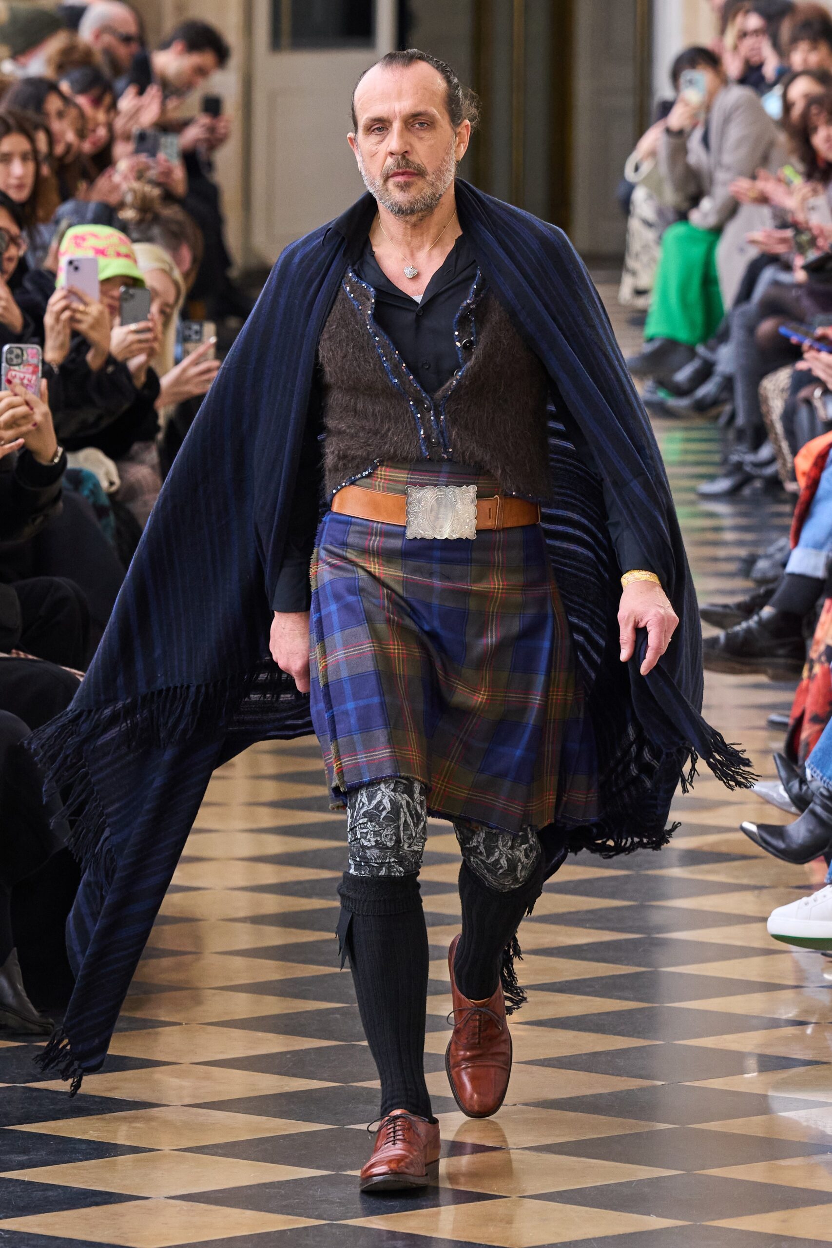 navy wool cape with brown vest
