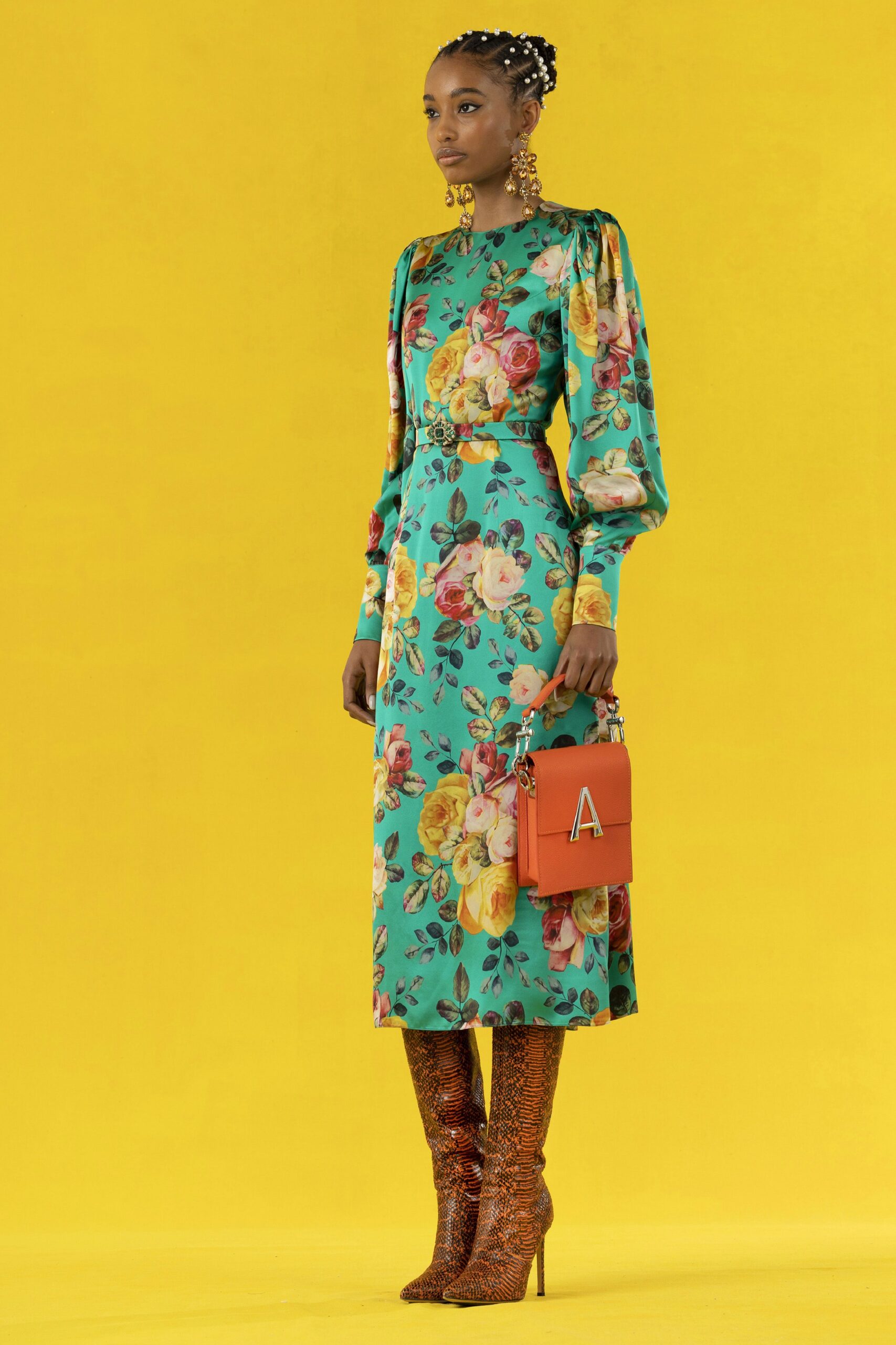 floral midi dress with orange boots