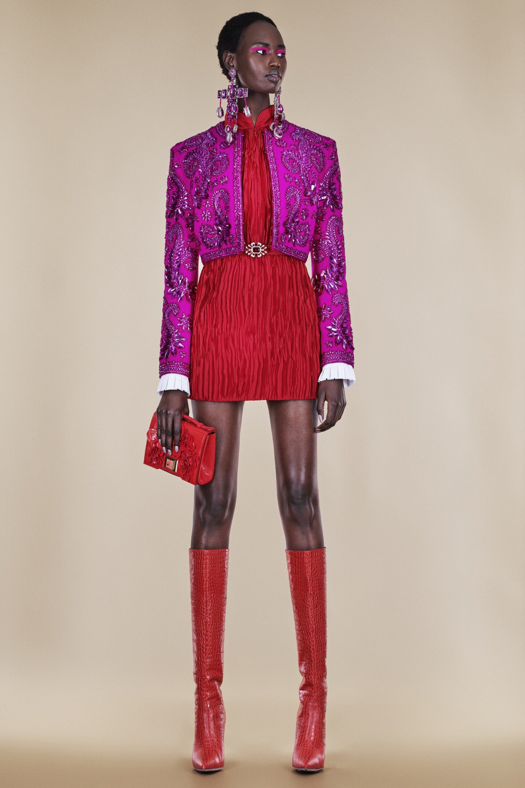 pink embroidered blazer red mini dress