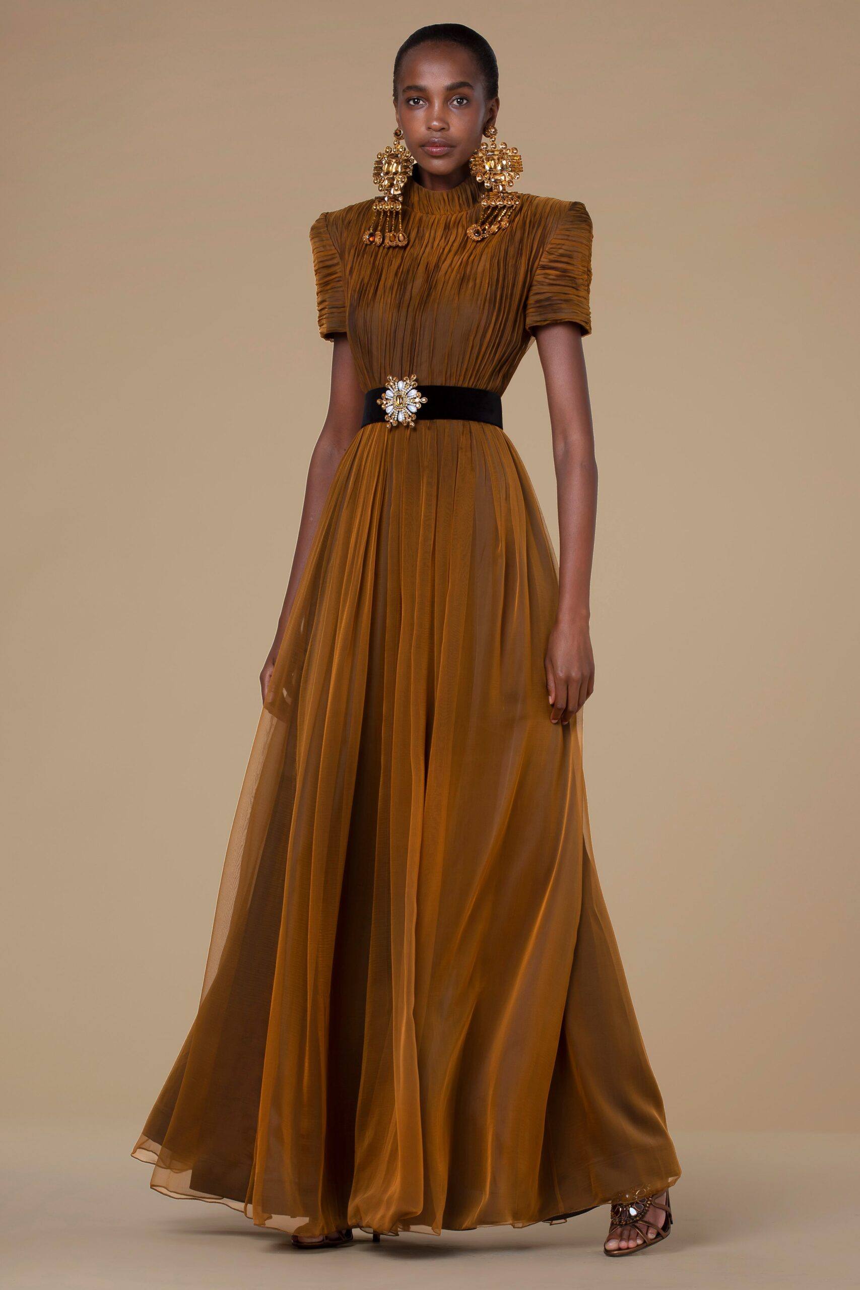 brown silk pleated gown