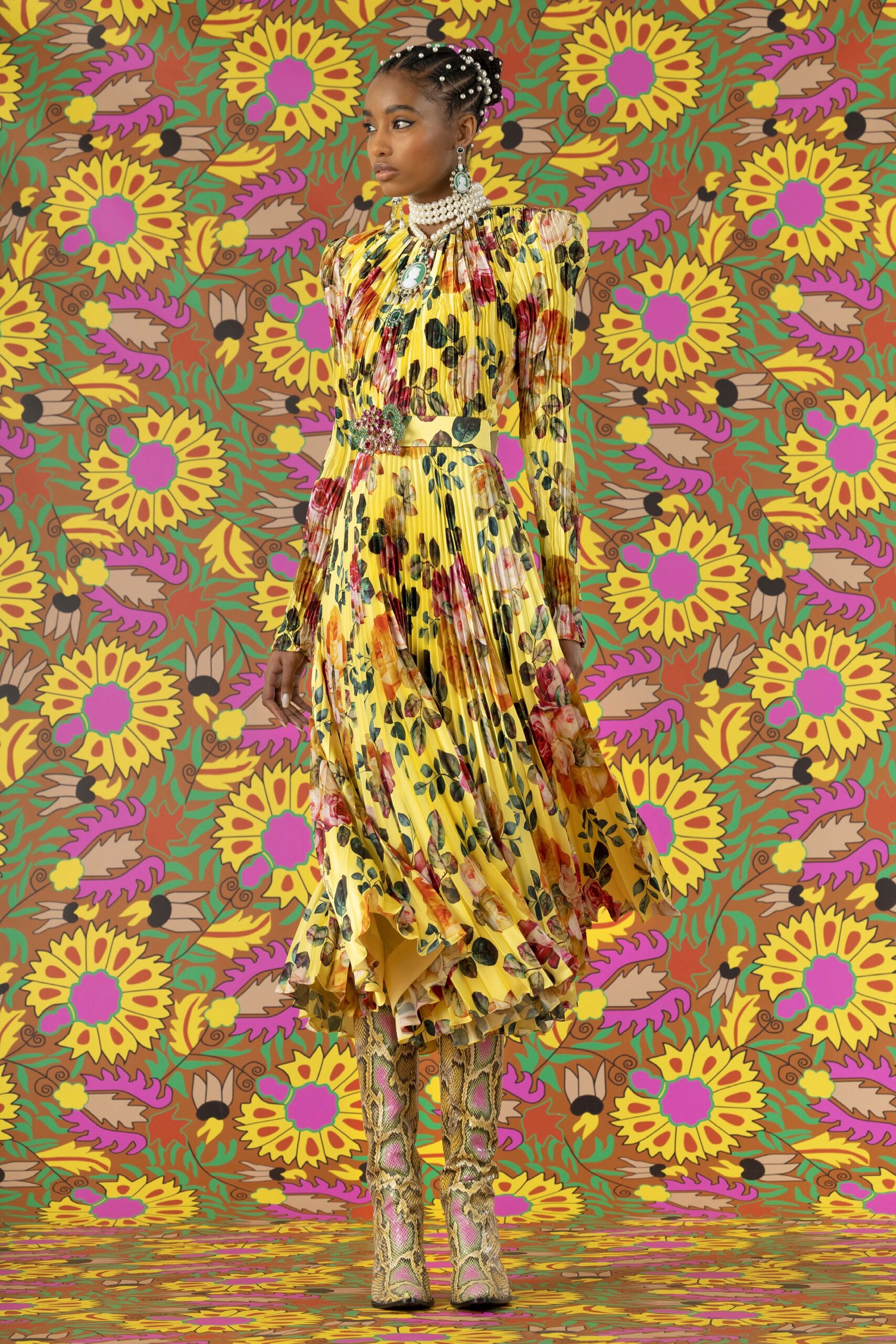 yellow silk long-sleeve high-neck fitted pleated flared dress
