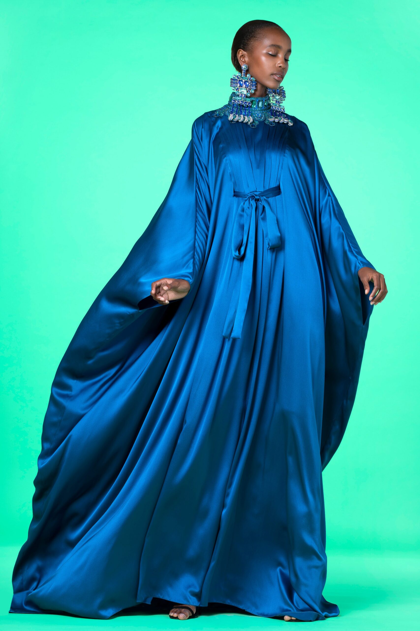 blue silk flowing cape
